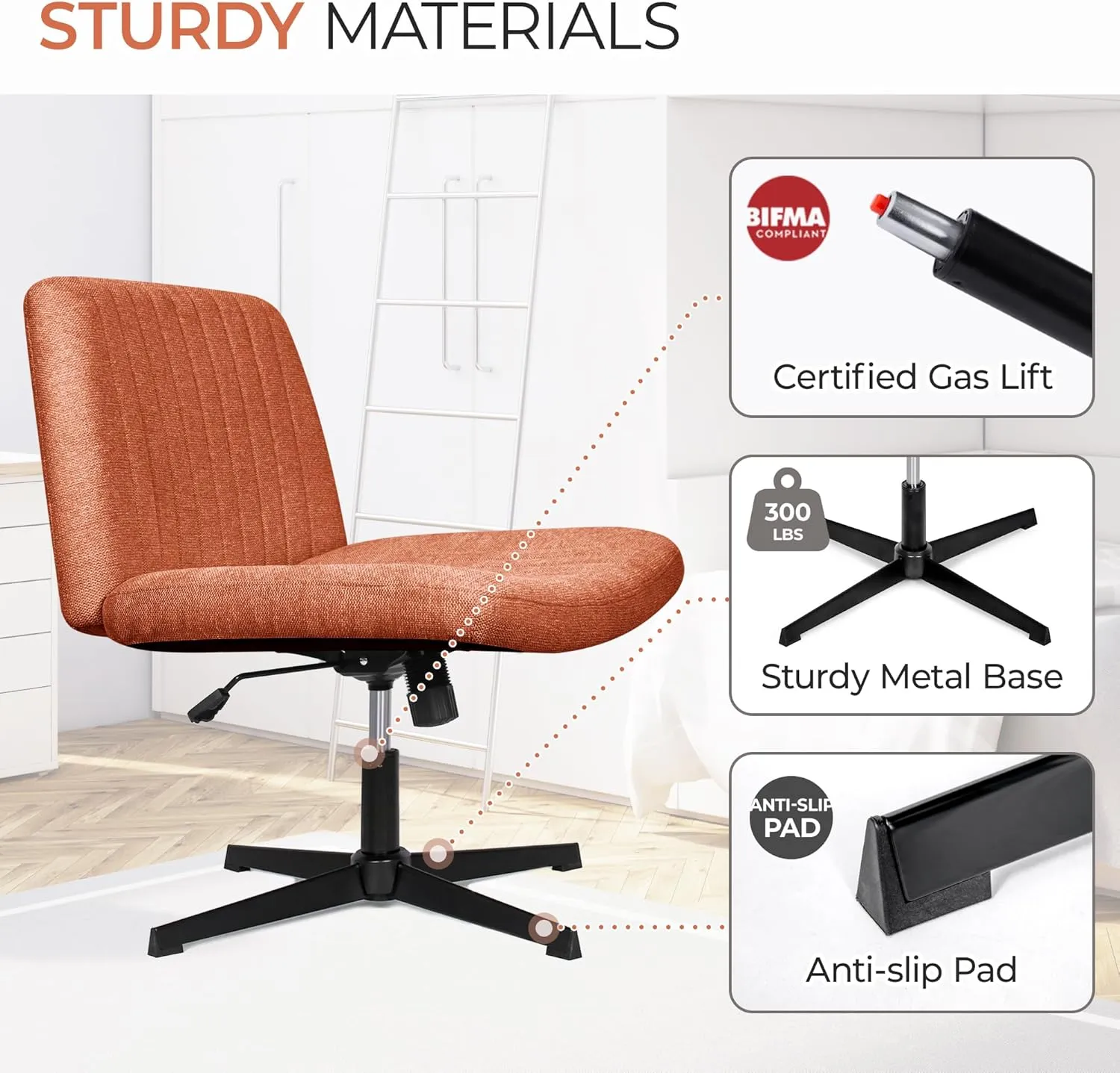 Orange Factory Criss Cross Chair No Wheel Wide Cross Legged Office Desk Vanity Chair Comfy Fabric Armless Adjustable Swivel for Home Computer Task (Brown)