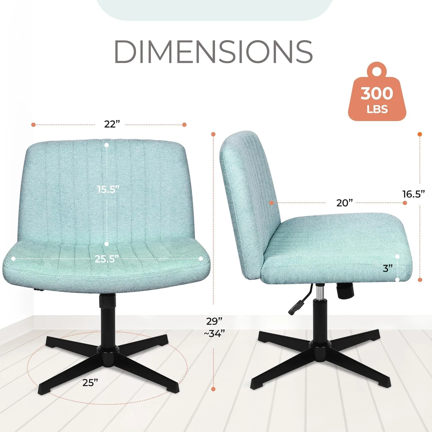 Orange Factory Criss Cross Chair No Wheel Wide Cross Legged Office Desk Vanity Chair Comfy Fabric Armless Adjustable Swivel for Home Computer Task (Mint)