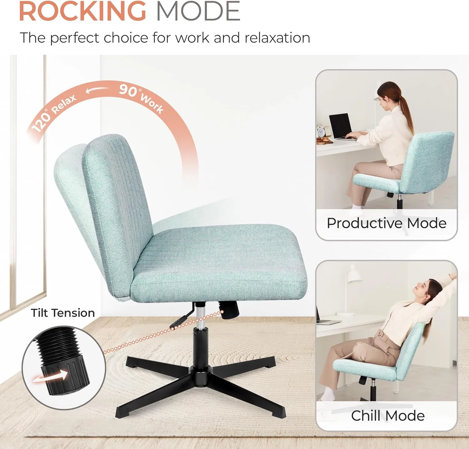 Orange Factory Criss Cross Chair No Wheel Wide Cross Legged Office Desk Vanity Chair Comfy Fabric Armless Adjustable Swivel for Home Computer Task (Mint)
