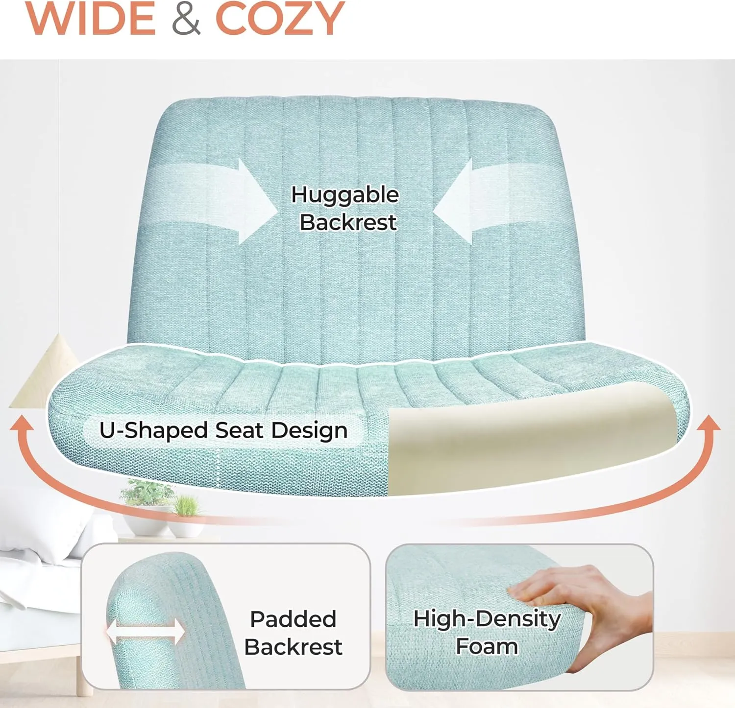 Orange Factory Criss Cross Chair No Wheel Wide Cross Legged Office Desk Vanity Chair Comfy Fabric Armless Adjustable Swivel for Home Computer Task (Mint)