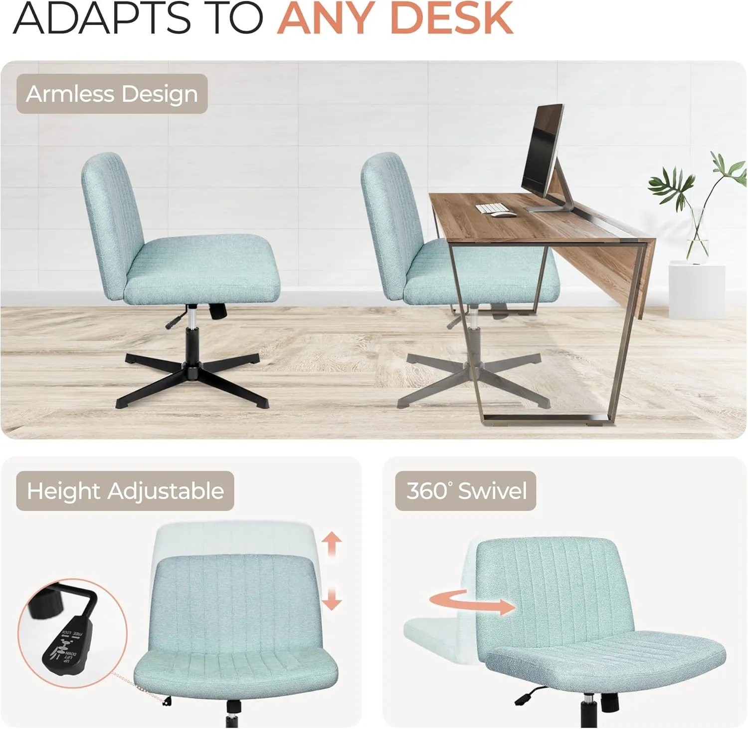 Orange Factory Criss Cross Chair No Wheel Wide Cross Legged Office Desk Vanity Chair Comfy Fabric Armless Adjustable Swivel for Home Computer Task (Mint)