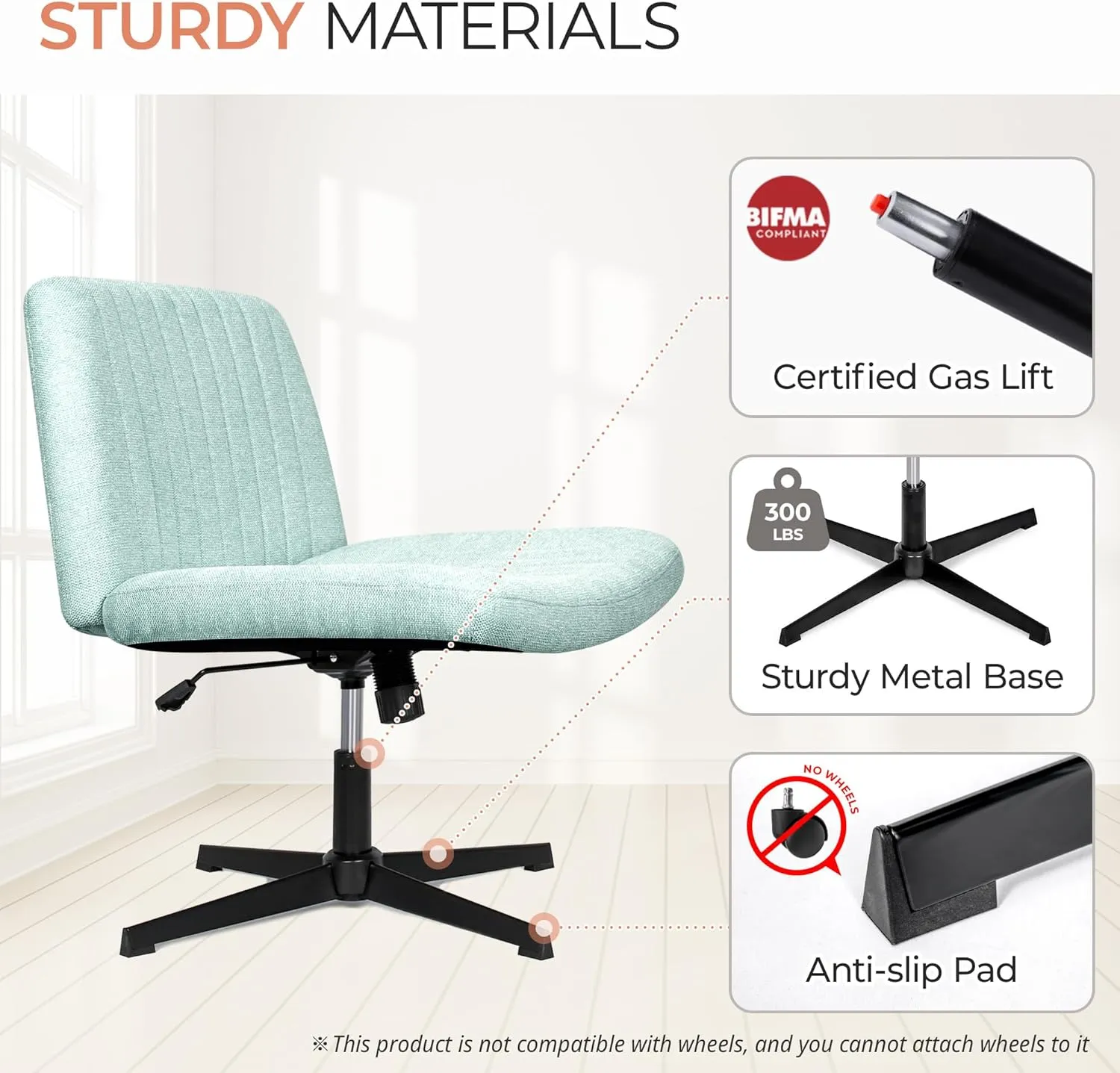 Orange Factory Criss Cross Chair No Wheel Wide Cross Legged Office Desk Vanity Chair Comfy Fabric Armless Adjustable Swivel for Home Computer Task (Mint)