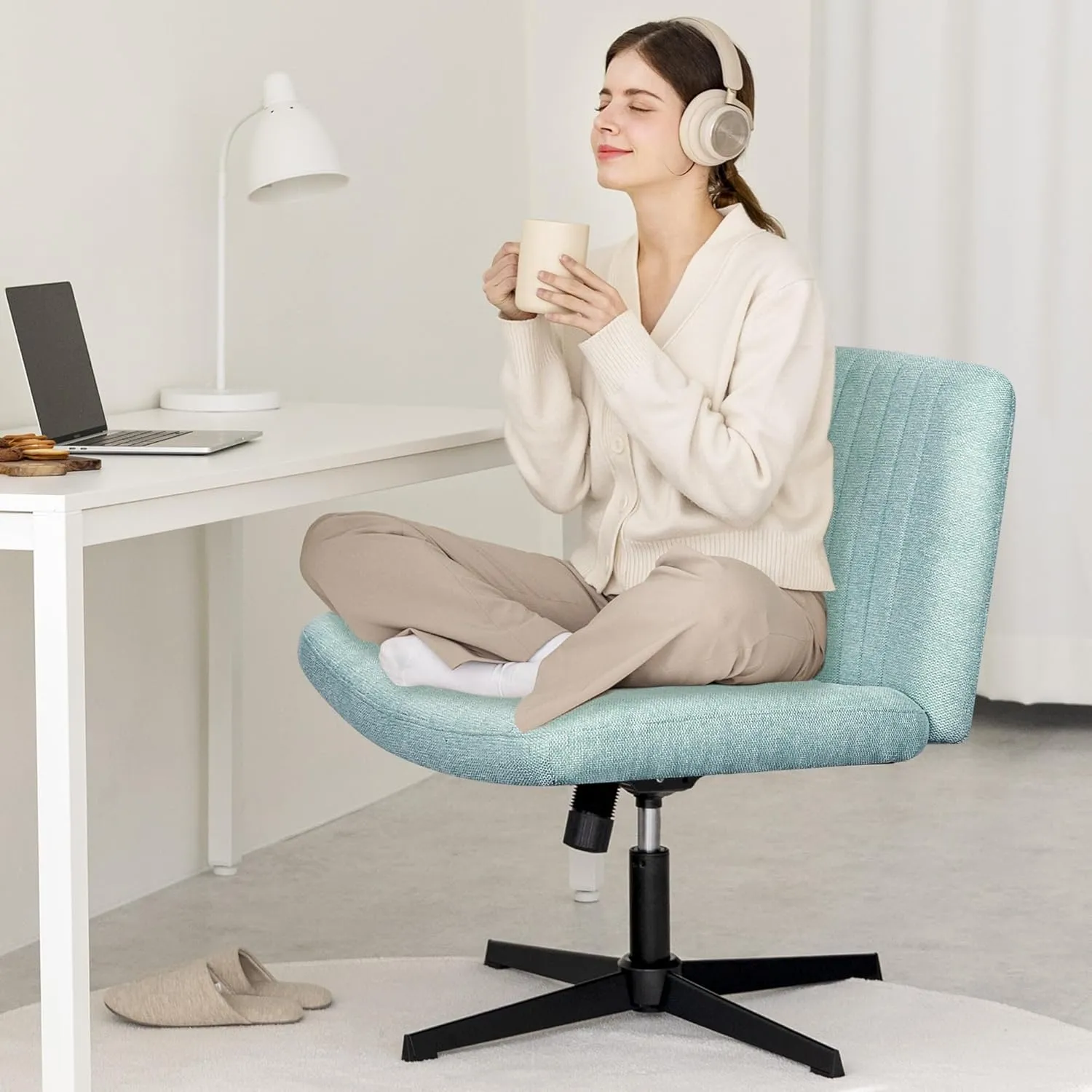 Orange Factory Criss Cross Chair No Wheel Wide Cross Legged Office Desk Vanity Chair Comfy Fabric Armless Adjustable Swivel for Home Computer Task (Mint)
