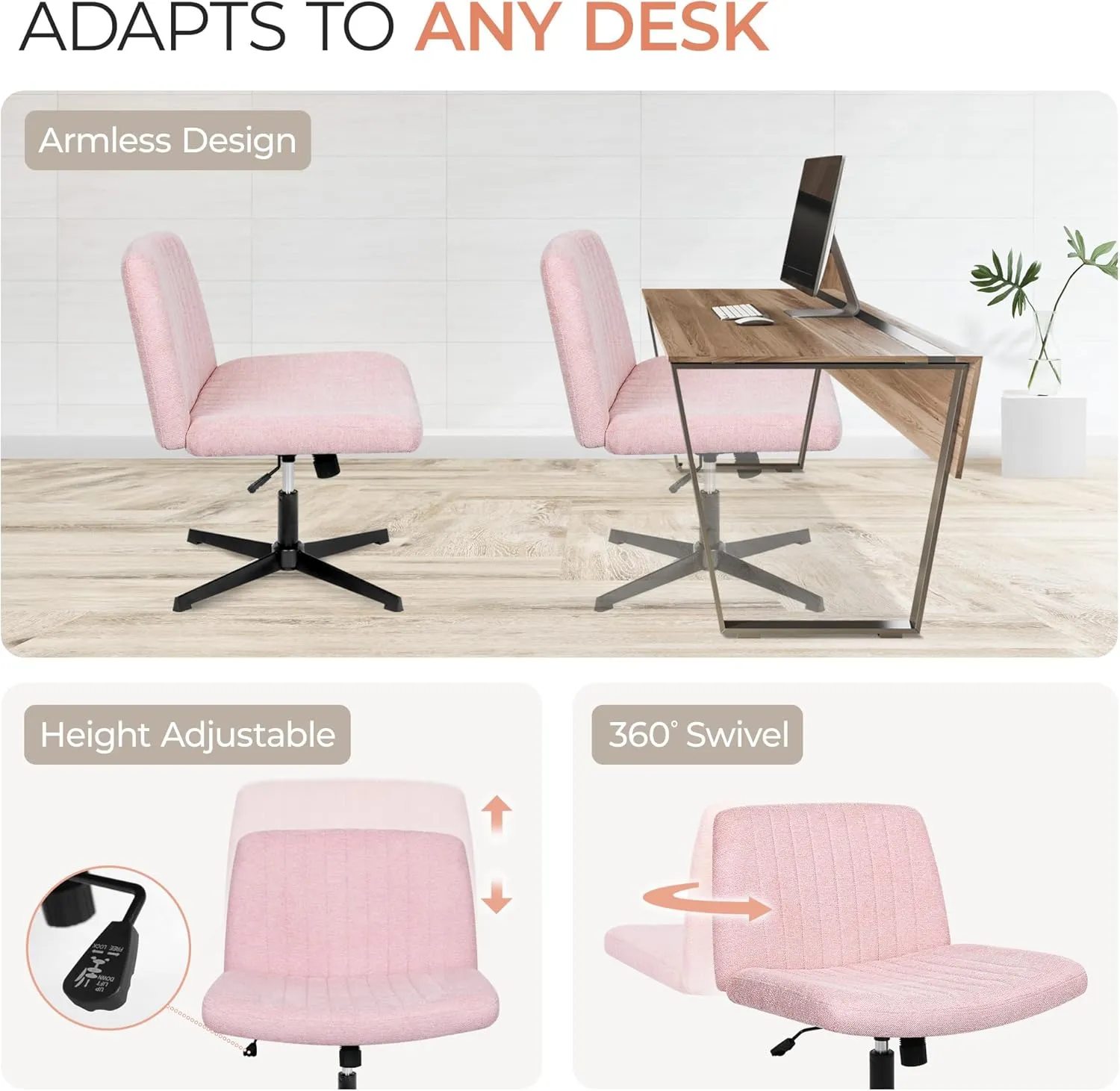 Orange Factory Criss Cross Chair No Wheel Wide Cross Legged Office Desk Vanity Chair Comfy Fabric Armless Adjustable Swivel for Home Computer Task (Pink)