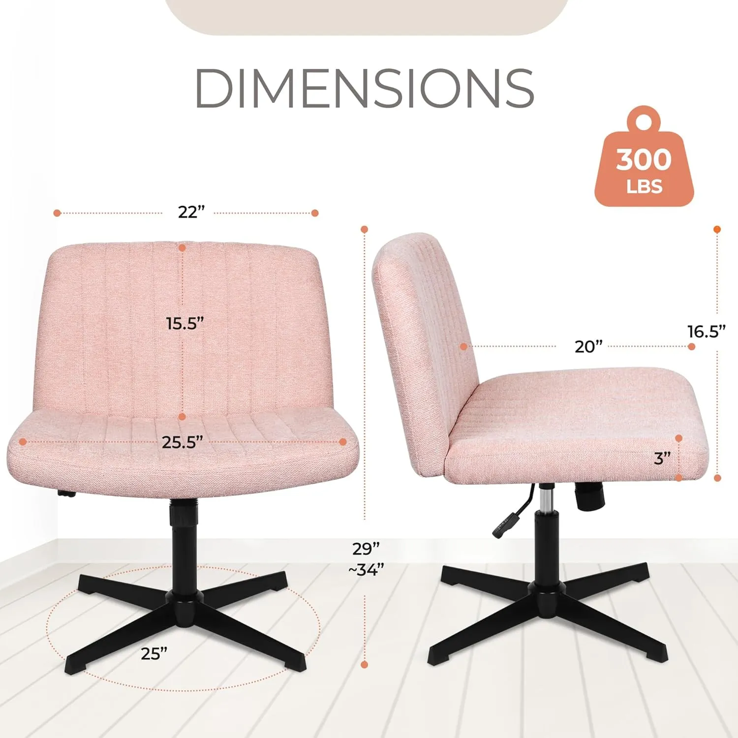 Orange Factory Criss Cross Chair No Wheel Wide Cross Legged Office Desk Vanity Chair Comfy Fabric Armless Adjustable Swivel for Home Computer Task (Pink)