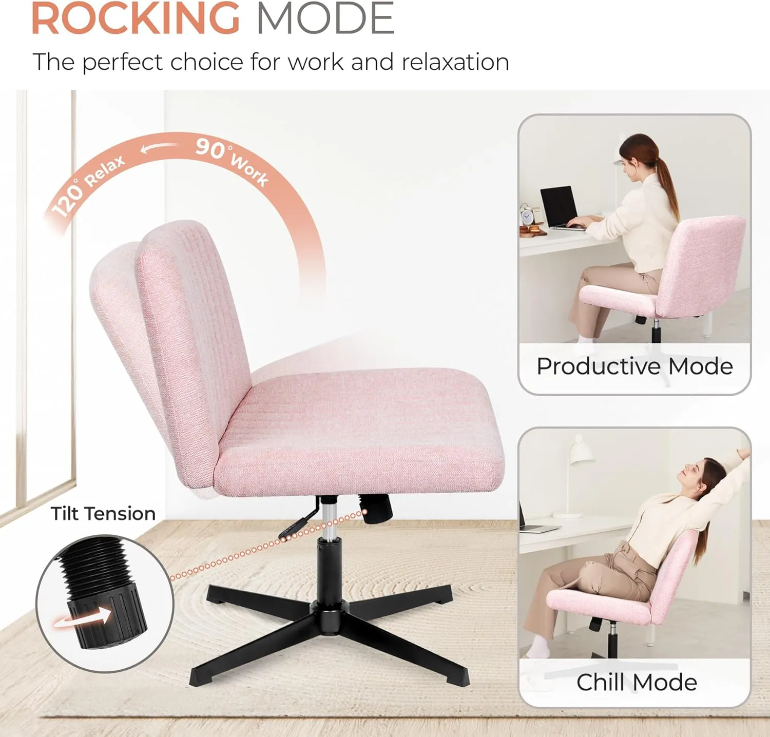 Orange Factory Criss Cross Chair No Wheel Wide Cross Legged Office Desk Vanity Chair Comfy Fabric Armless Adjustable Swivel for Home Computer Task (Pink)