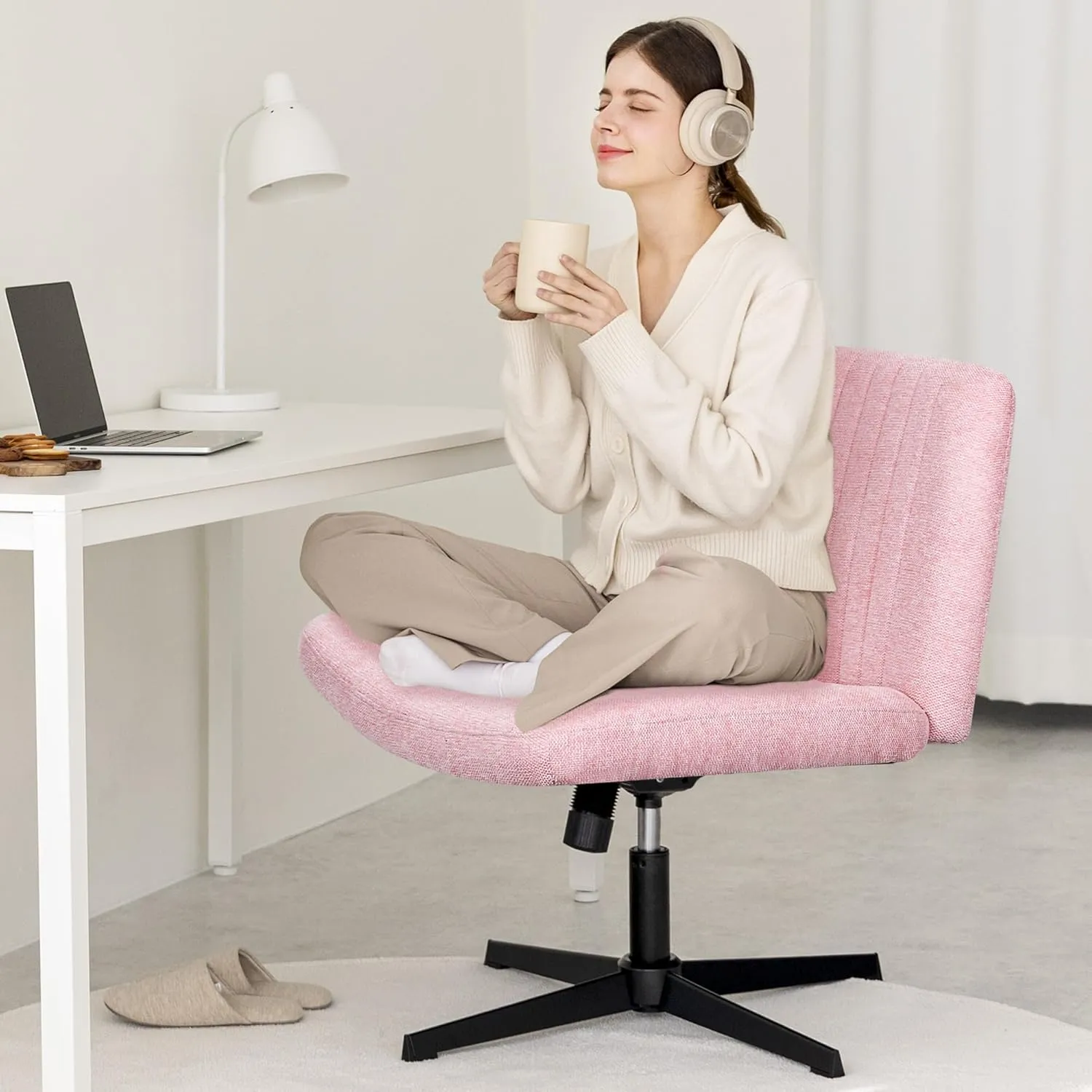 Orange Factory Criss Cross Chair No Wheel Wide Cross Legged Office Desk Vanity Chair Comfy Fabric Armless Adjustable Swivel for Home Computer Task (Pink)