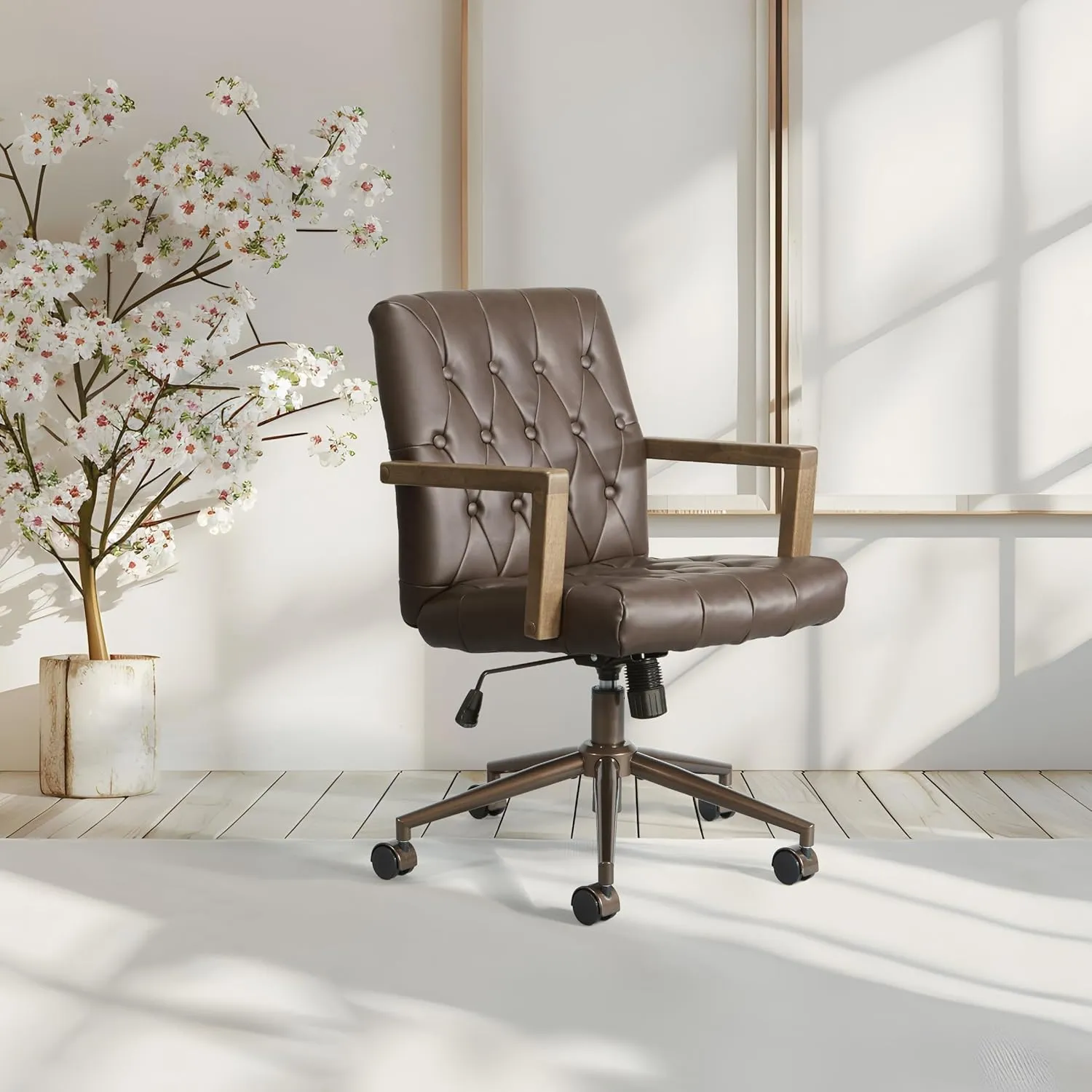 OSP Home Furnishings Waltham Adjustable Height and Tilt, Swivel Home Office Chair with Wood Arms, Chocolate Faux Leather