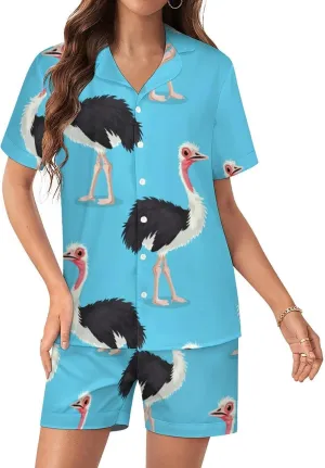 Ostrich Bird Print Women's Satin Pajama Set Short Sleeve Button Down Sleepwear Loungewear Pj Set