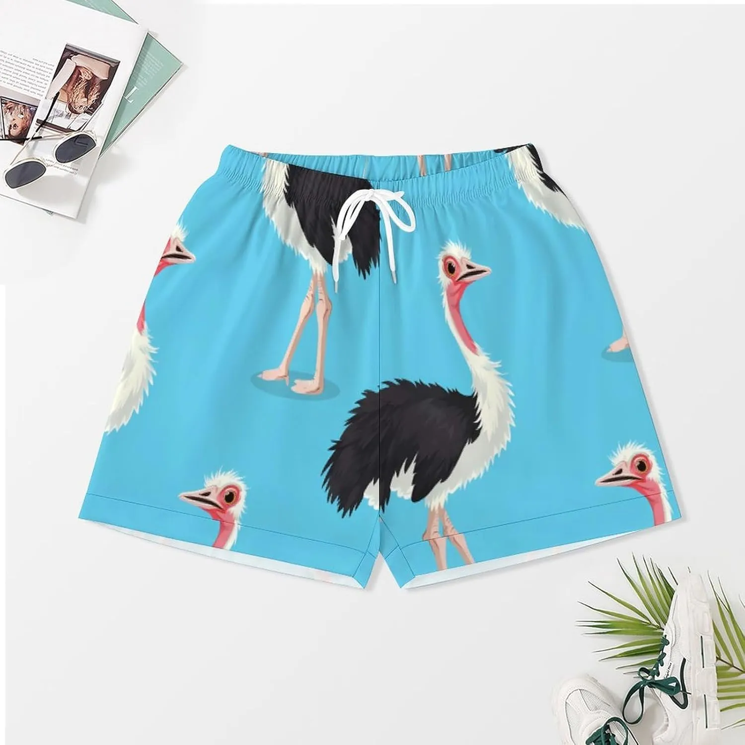 Ostrich Bird Print Women's Satin Pajama Set Short Sleeve Button Down Sleepwear Loungewear Pj Set