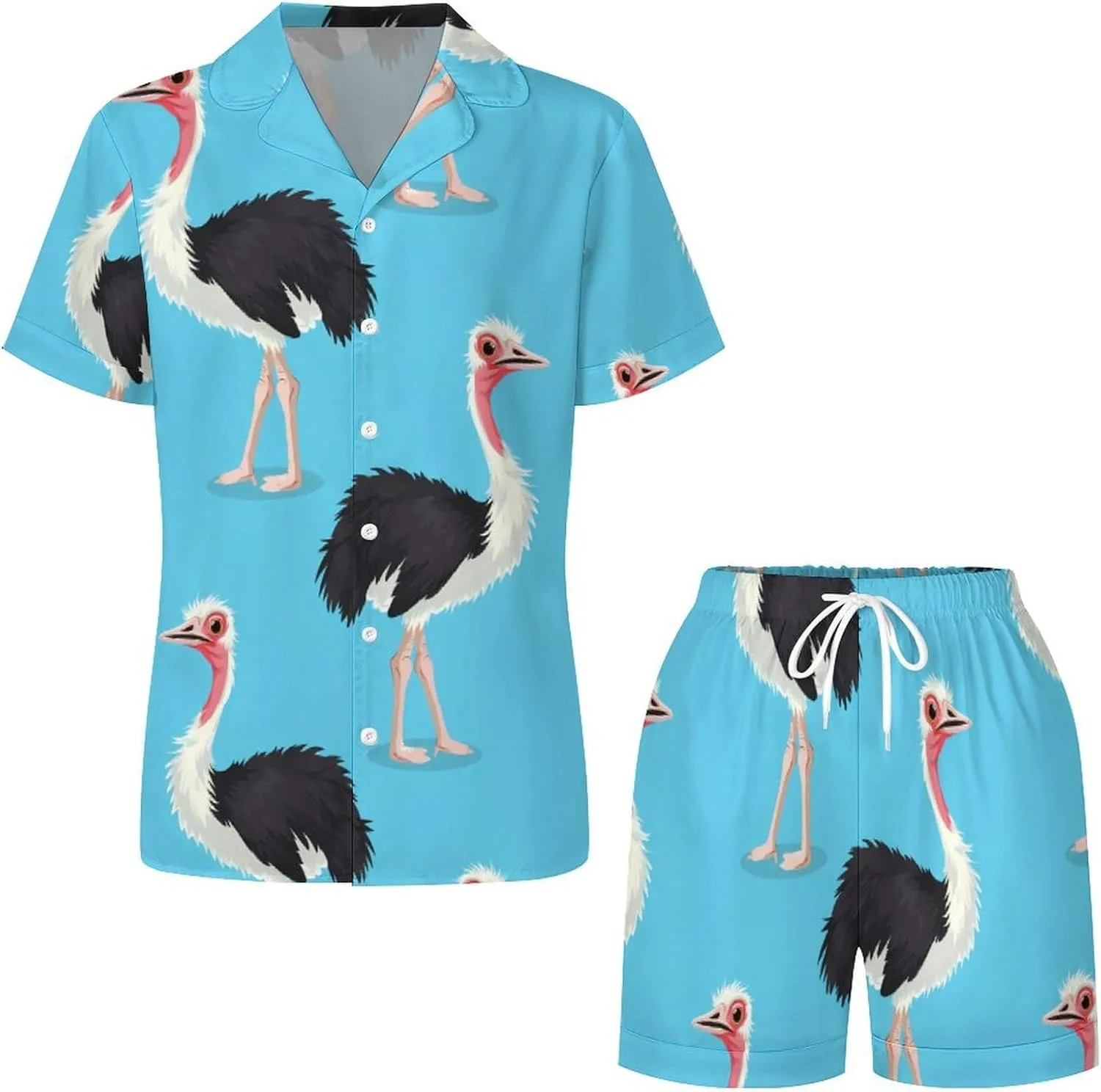Ostrich Bird Print Women's Satin Pajama Set Short Sleeve Button Down Sleepwear Loungewear Pj Set