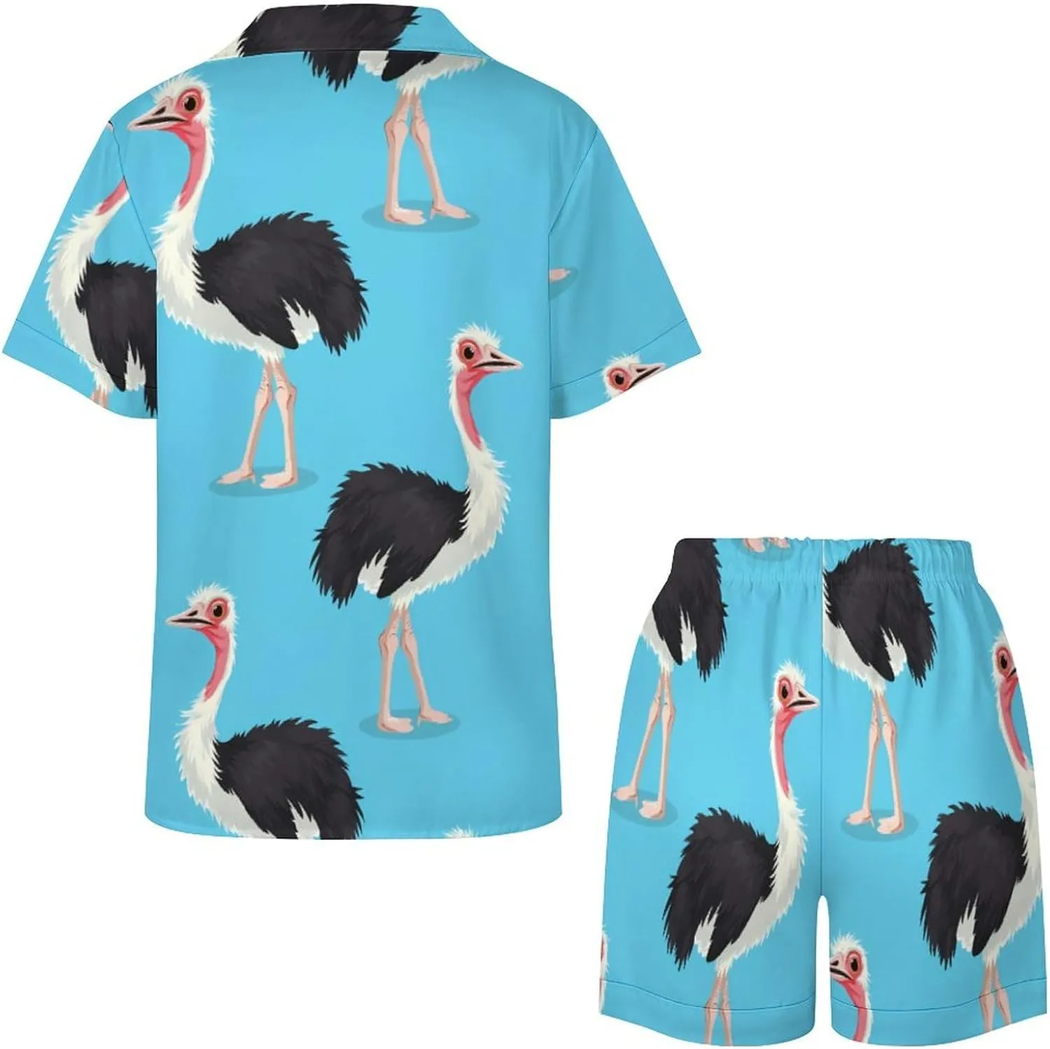 Ostrich Bird Print Women's Satin Pajama Set Short Sleeve Button Down Sleepwear Loungewear Pj Set
