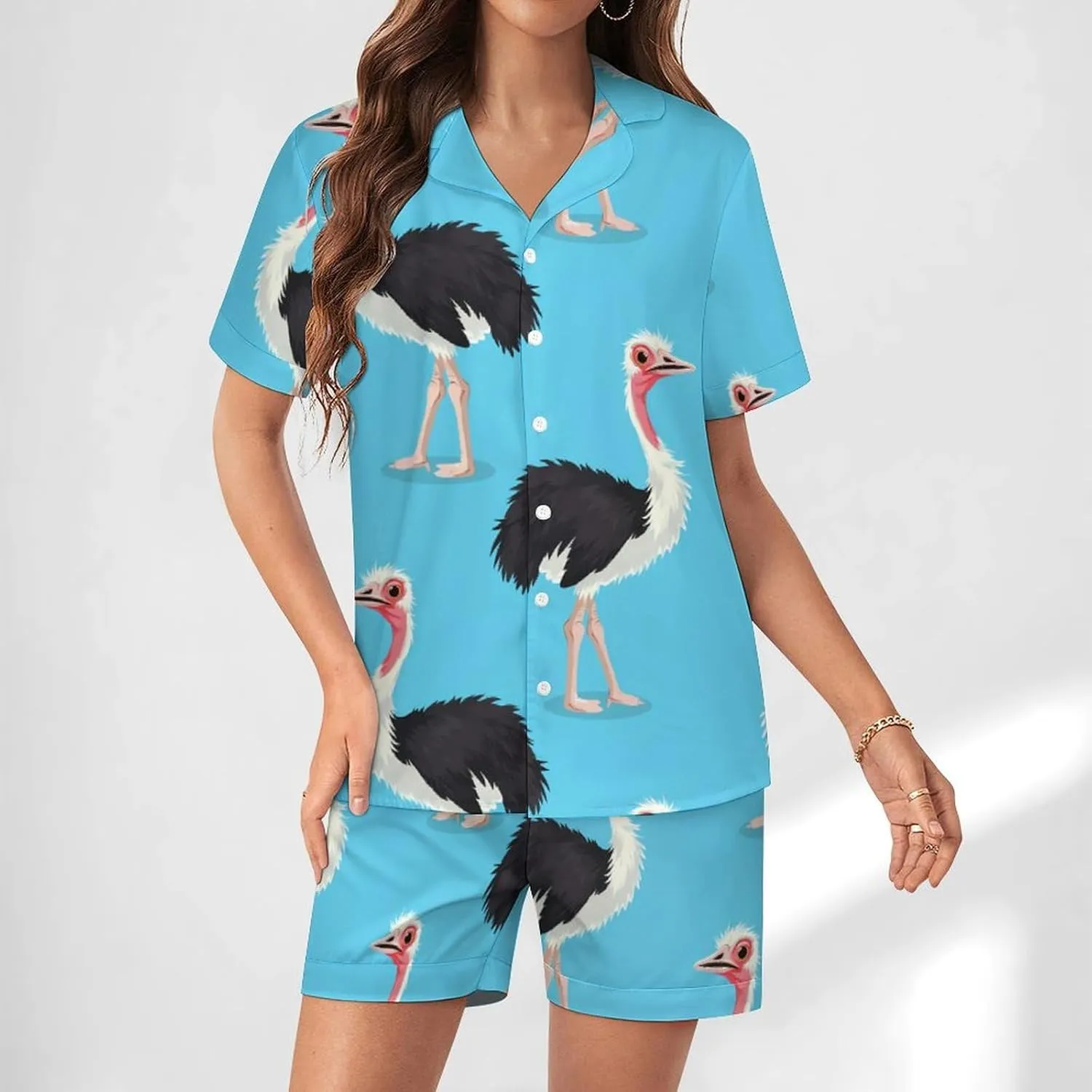 Ostrich Bird Print Women's Satin Pajama Set Short Sleeve Button Down Sleepwear Loungewear Pj Set