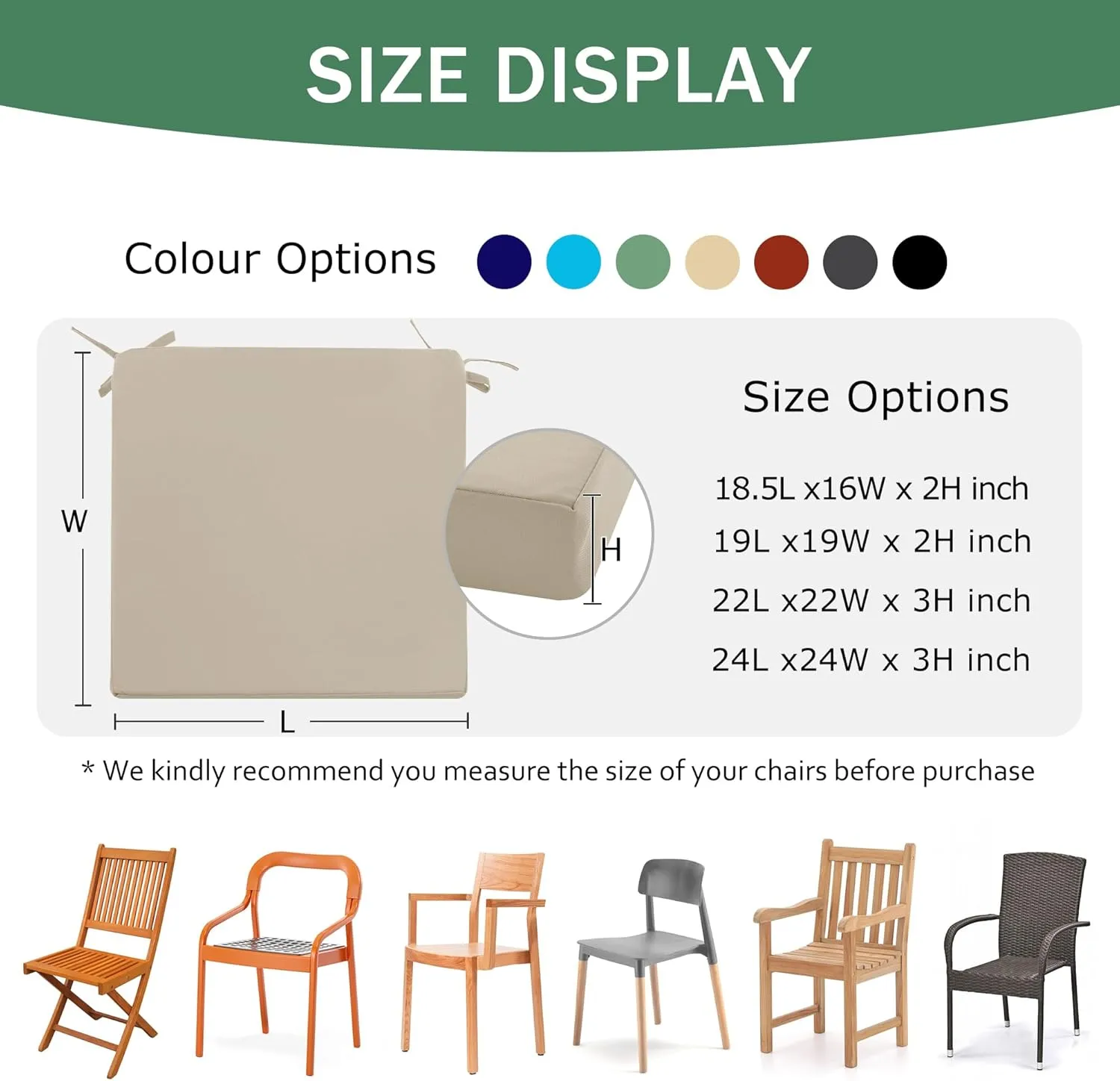 Outdoor Chair Cushions Set of 4: Waterproof & Color Fastness Seat Cushion for Patio Furniture - 22 x 22 x 3 Inch Chair Pads with Ties and Hidden Zipper - Patio Chair Cushion Replacement, Beige