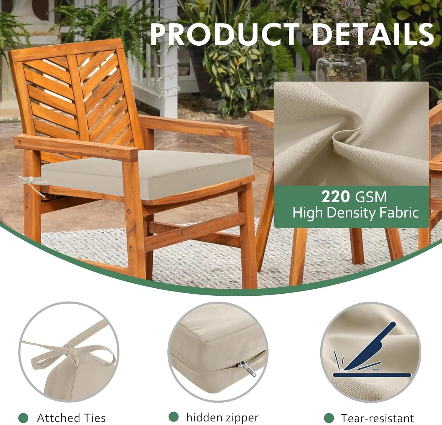 Outdoor Chair Cushions Set of 4: Waterproof & Color Fastness Seat Cushion for Patio Furniture - 22 x 22 x 3 Inch Chair Pads with Ties and Hidden Zipper - Patio Chair Cushion Replacement, Beige
