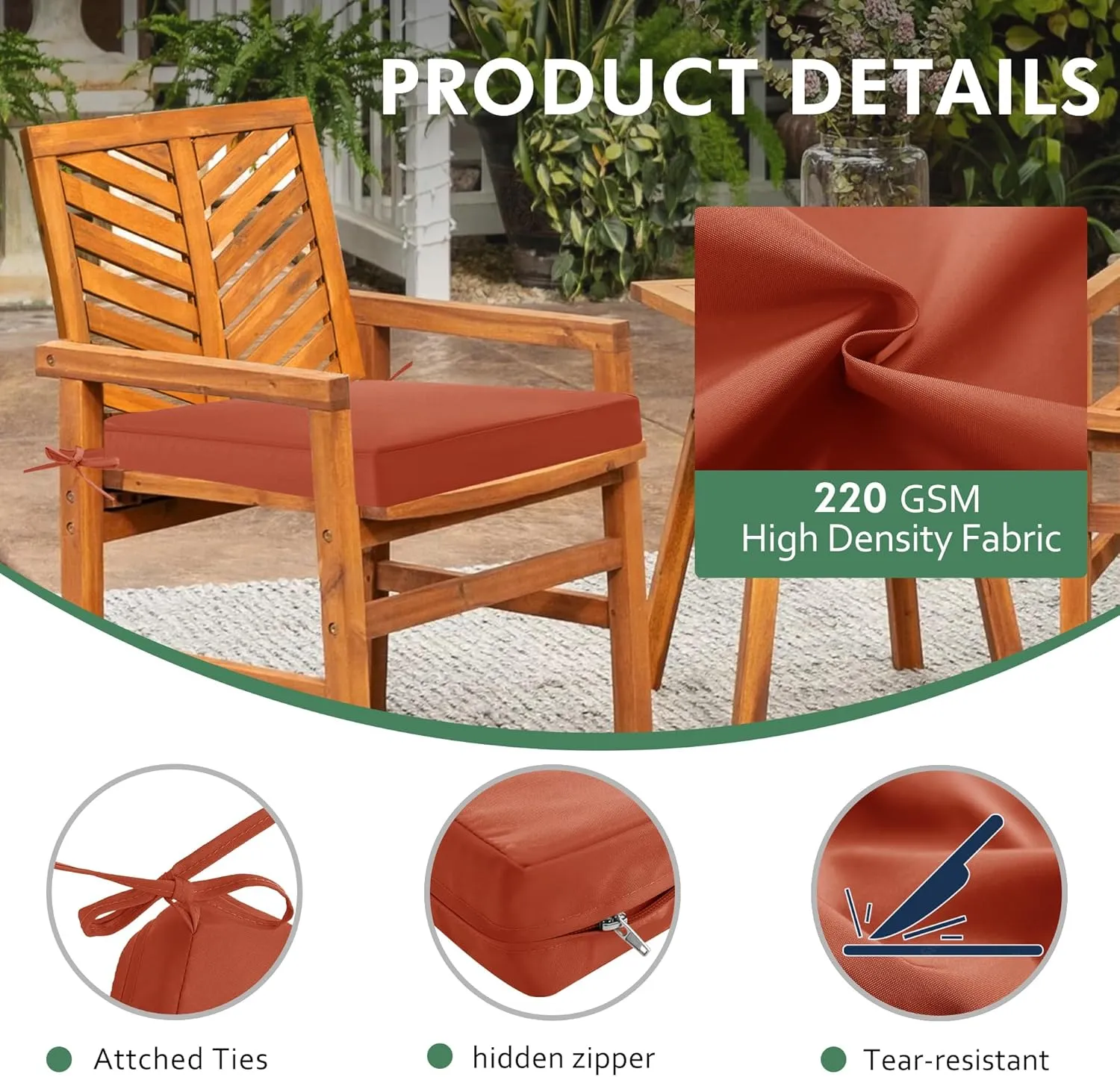 Outdoor Chair Cushions Set of 4: Waterproof & Color Fastness Seat Cushion for Patio Furniture - 22 x 22 x 3 Inch Chair Pads with Ties and Hidden Zipper - Patio Chair Cushion Replacement, Rust