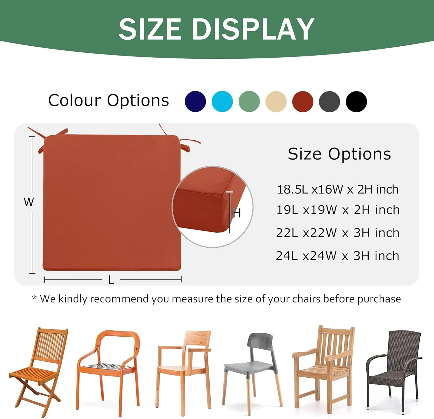 Outdoor Chair Cushions Set of 4: Waterproof & Color Fastness Seat Cushion for Patio Furniture - 22 x 22 x 3 Inch Chair Pads with Ties and Hidden Zipper - Patio Chair Cushion Replacement, Rust