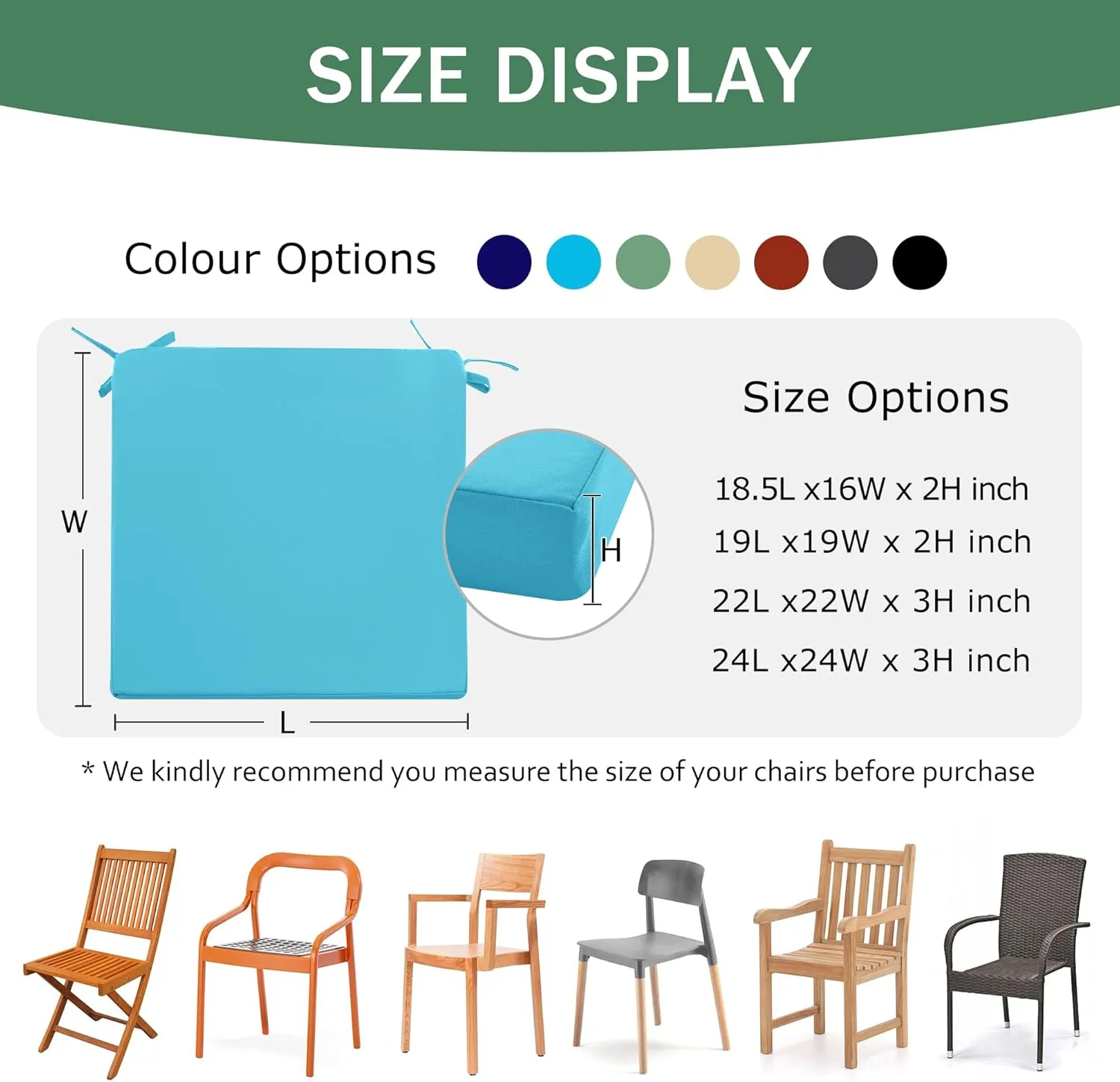 Outdoor Chair Cushions Set of 4: Waterproof & Color Fastness Seat Cushion for Patio Furniture - 22 x 22 x 3 Inch Chair Pads with Ties and Hidden Zipper - Patio Chair Cushion Replacement, Teal