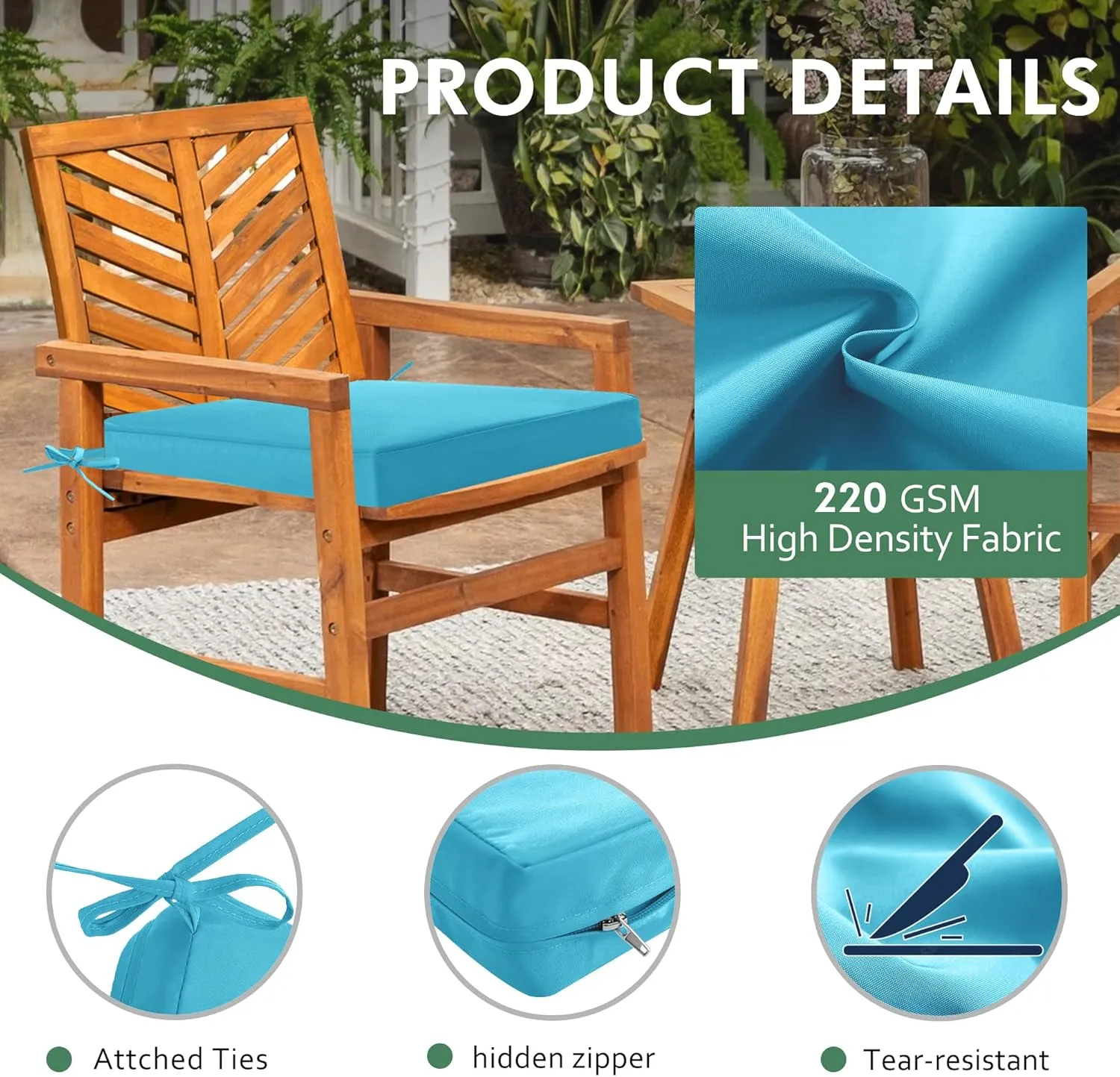 Outdoor Chair Cushions Set of 4: Waterproof & Color Fastness Seat Cushion for Patio Furniture - 22 x 22 x 3 Inch Chair Pads with Ties and Hidden Zipper - Patio Chair Cushion Replacement, Teal