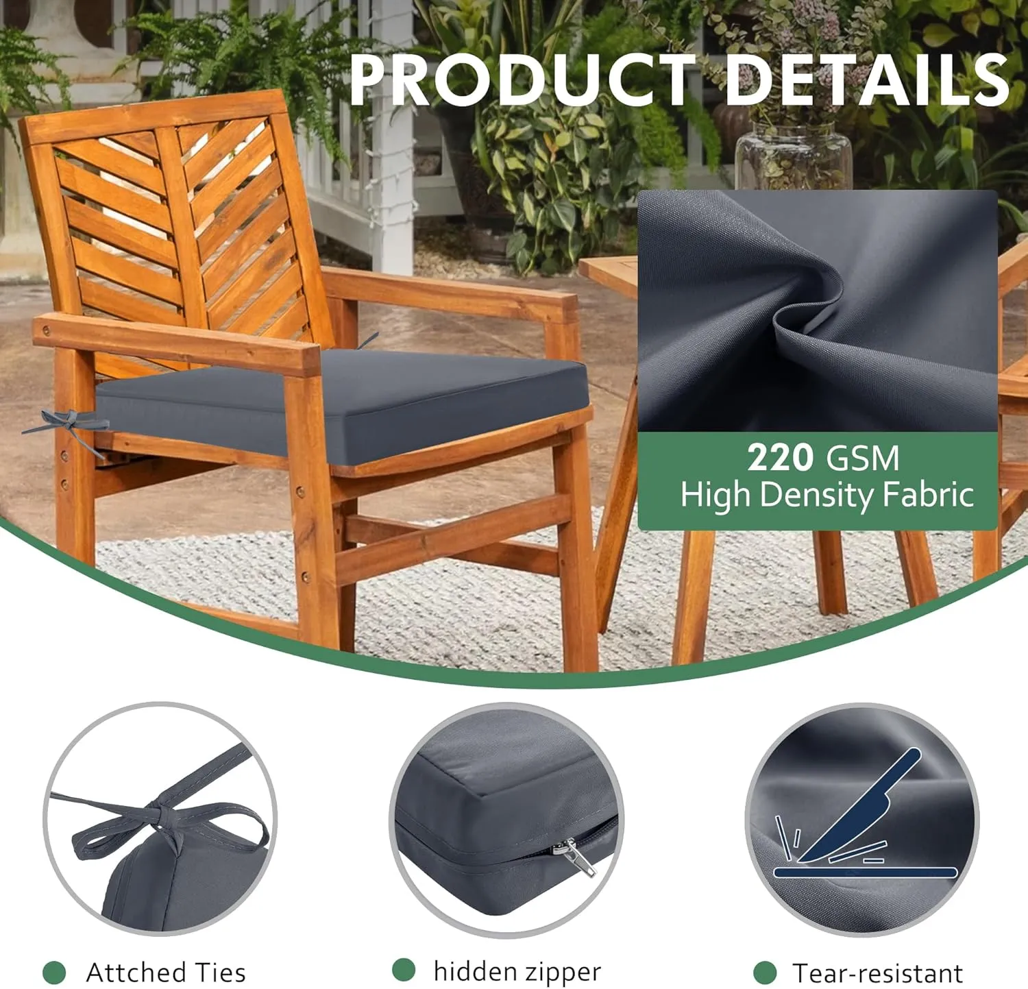 Outdoor Chair Cushions Set of 4: Waterproof & Fade Resistant Seat Cushion for Patio Furniture - 19 x 19 x 2 Inch Chair Pads with Ties and Hidden Zipper -Patio Chair Cushion Replacement, Dark Grey