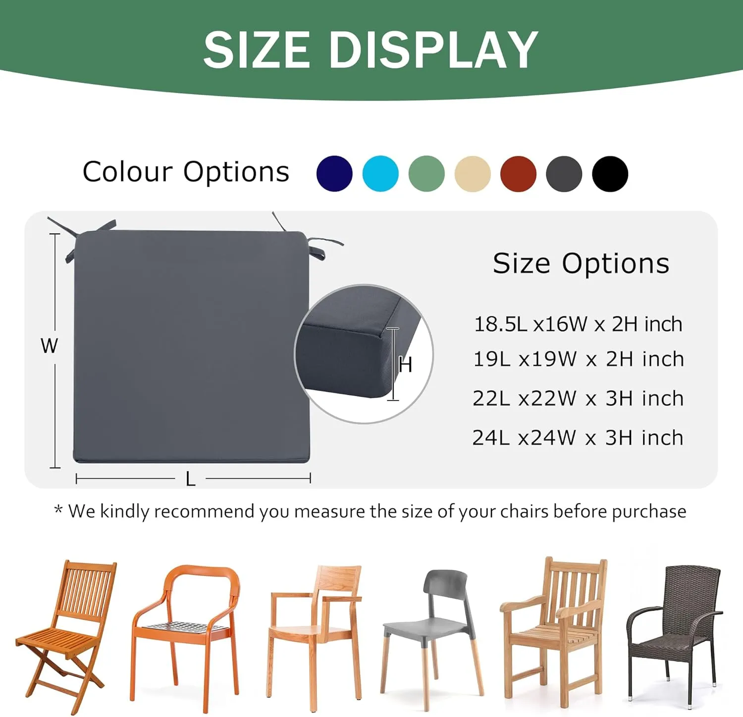 Outdoor Chair Cushions Set of 4: Waterproof & Fade Resistant Seat Cushion for Patio Furniture - 19 x 19 x 2 Inch Chair Pads with Ties and Hidden Zipper -Patio Chair Cushion Replacement, Dark Grey