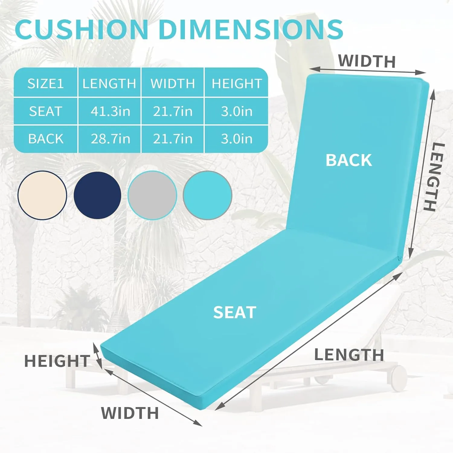 Outdoor Chaise Lounge Cushions for Patio, 71"x22"x3" Lounge Chair Waterproof Replacement Seat Cushions for Outdoor Furniture (Teal, 1 Pcs)