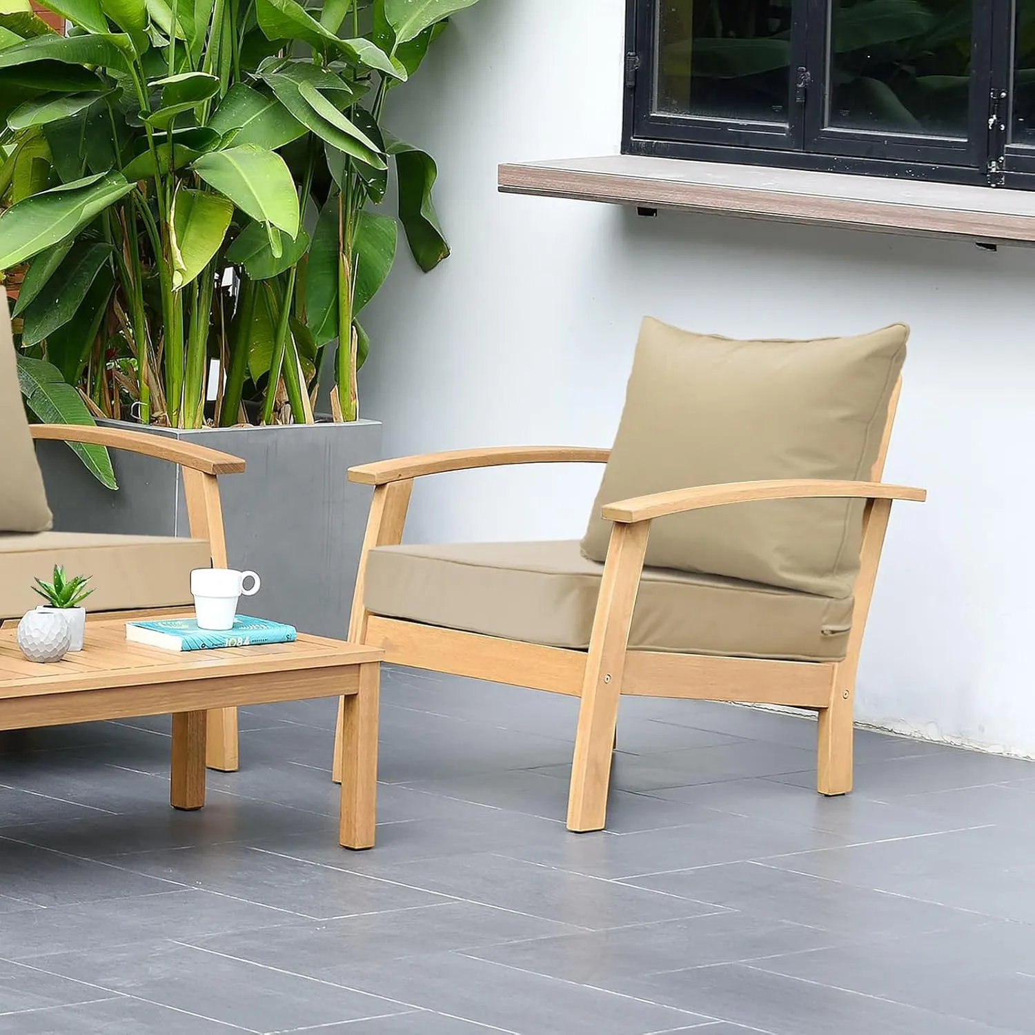 Outdoor Deep Seat Cushion Patio Waterproof Seat and Back Cushion Set Seasonal Clearence Chair Cushion for Dining Arm Chairs, Wicker Chairs and Garden Furniture Decoration, 19"x19"x3", Beige