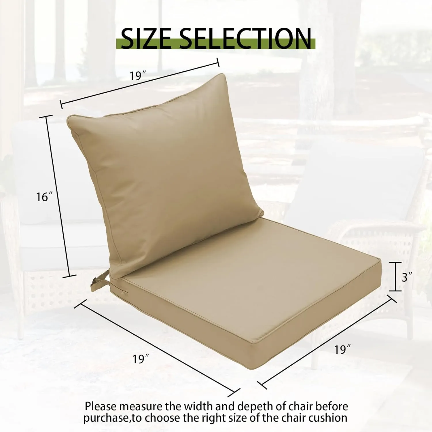Outdoor Deep Seat Cushion Patio Waterproof Seat and Back Cushion Set Seasonal Clearence Chair Cushion for Dining Arm Chairs, Wicker Chairs and Garden Furniture Decoration, 19"x19"x3", Beige