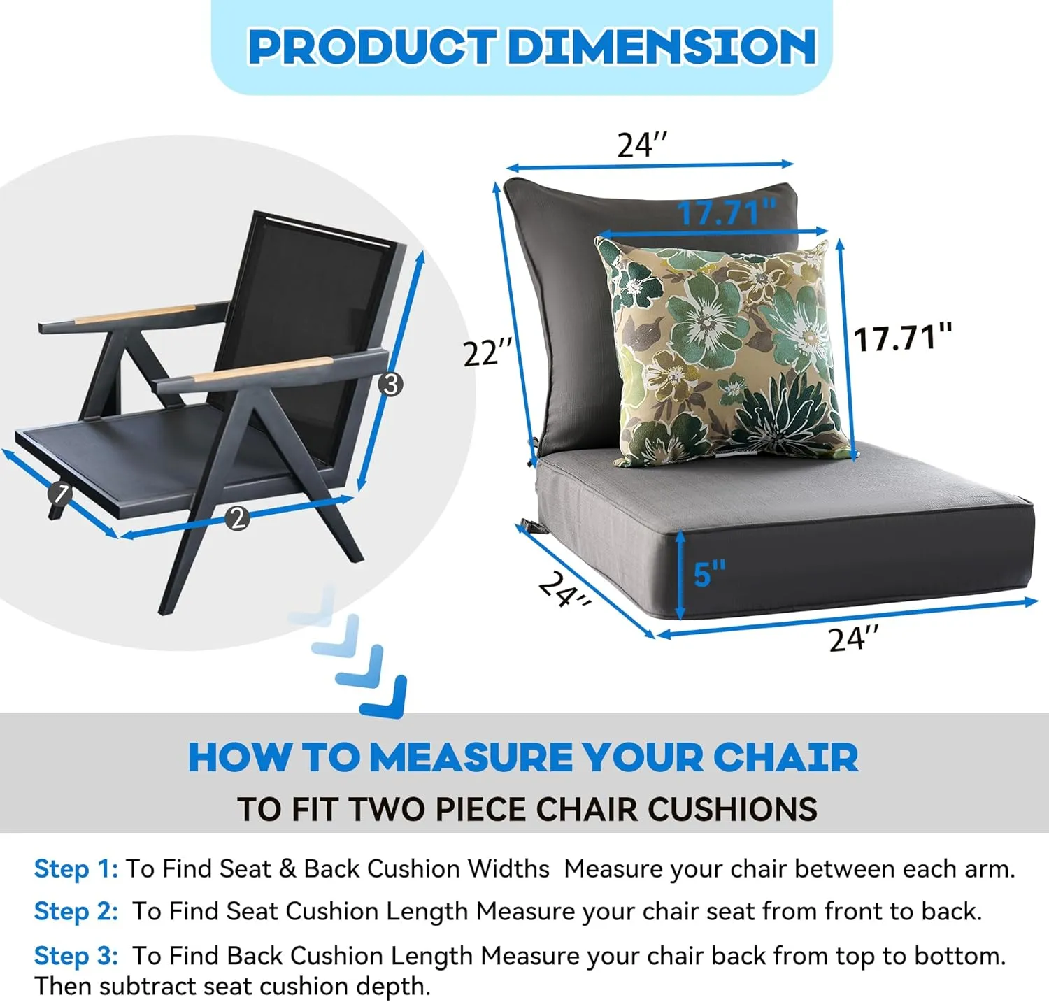 Outdoor Deep Seat Cushion Set of 2,24 x 24 Inch, Deep Seat,Back Cushion and Pillow with Removable Cover and Adjustable Straps for Chair, Sofa, and Couch