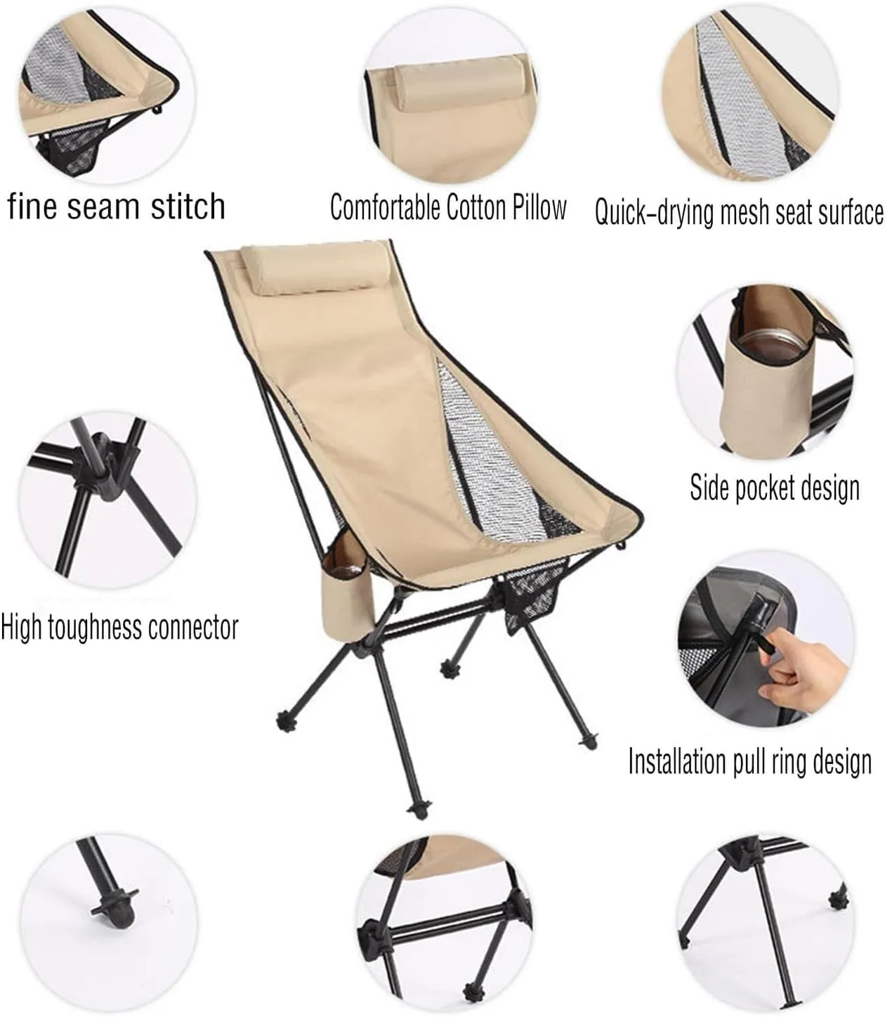 Outdoor Folding Camping Chair, Lightweight Portable Chair with Pockets, Quick Setup Fishing, Picnic, and Festival(White,Withoutpockets)