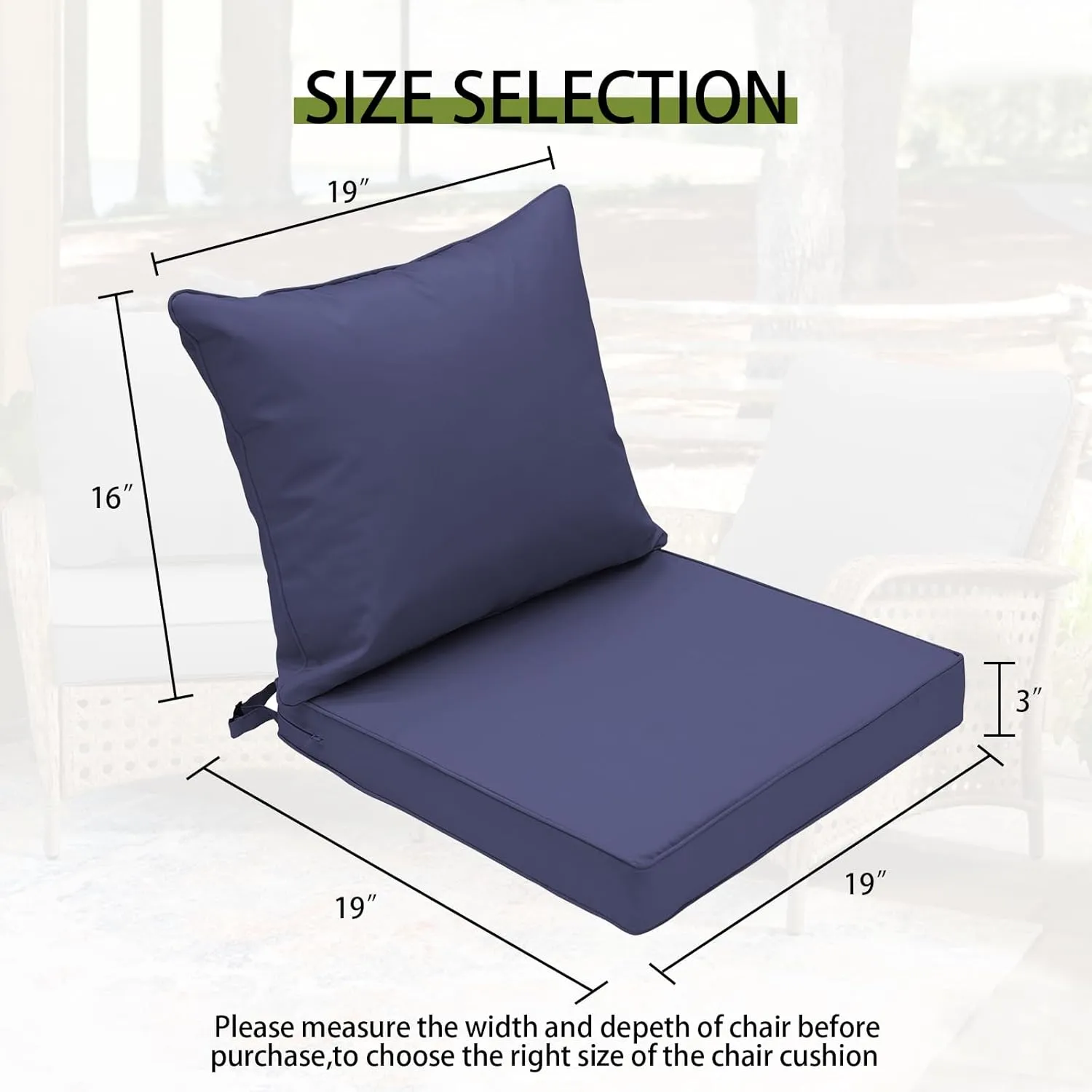 Outdoor Seat and Back Cushion Patio Deep Seat Cushion Set Seasonal Replacement Chair Cushion for Wicker Chairs and Garden Furniture Decoration, 19"x19"x3", Navy
