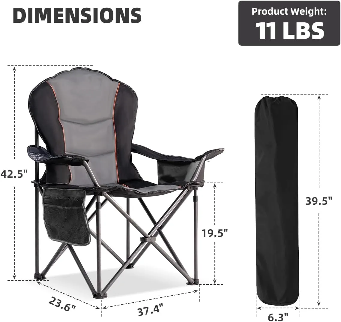 Oversized Camping Chair Heavy Duty 500LBS - 2 PCS Folding Outdoor Chair with Cooler Bag, Storage Pockets, Portable Collapsible Lawn Chairs for Adults (Black & Gray)