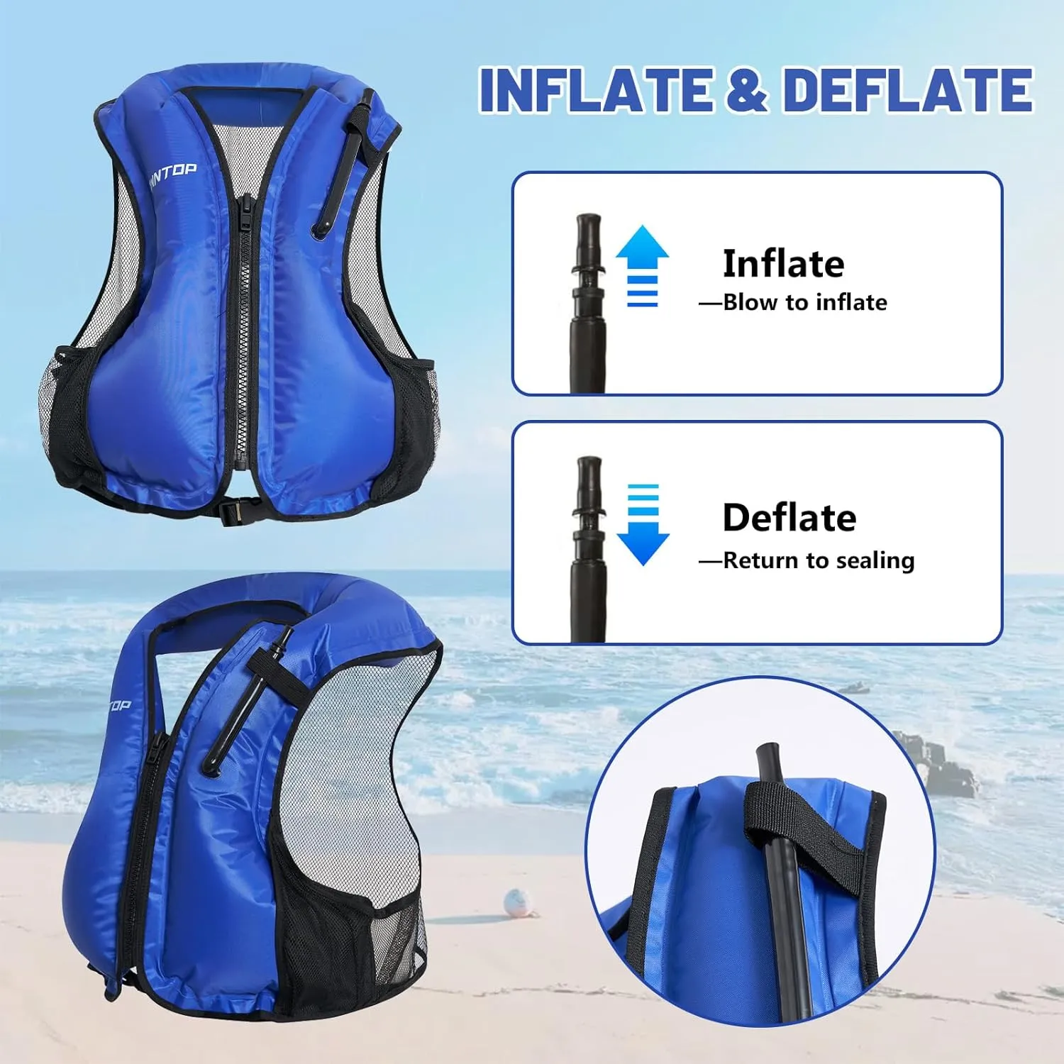 Owntop Inflatable Snorkel Vest for Adult Snorkeling Vests for Men Women Water Sport Swim Vest for Snorkeling, Kayaking, Swimming, Paddleboarding, Portable Swim Jacket with Pockets