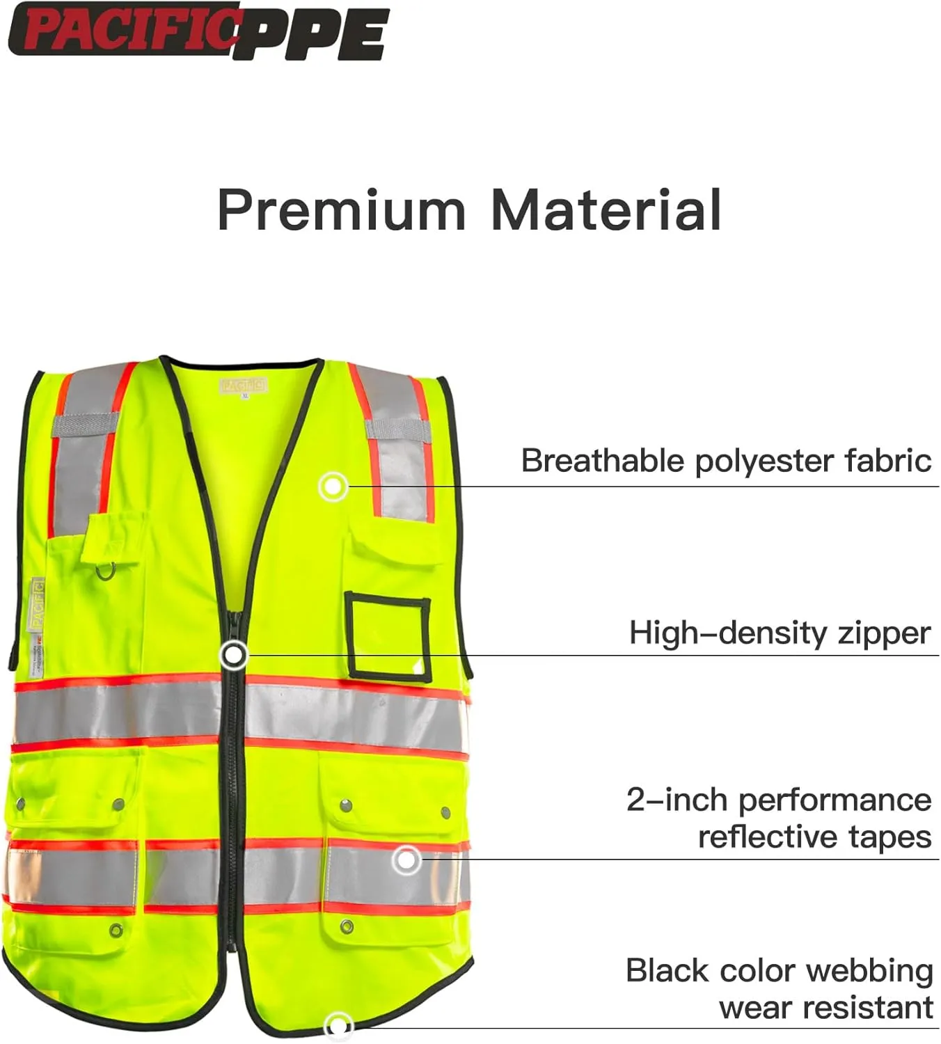 PACIFIC 10 Pockets Safety Vest for Men, 3M High Visibility Reflective Strips with Pockets and Zipper, ANSI Class 2, Yellow, X-Large