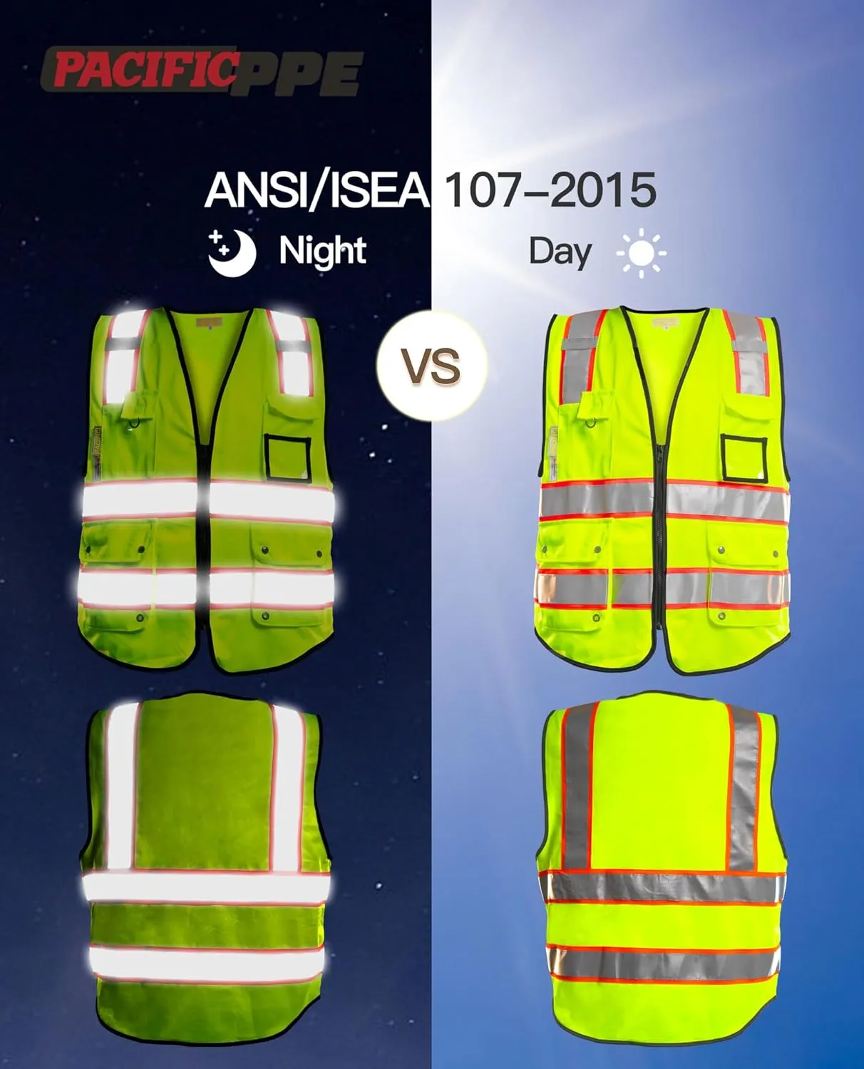 PACIFIC 10 Pockets Safety Vest for Men, 3M High Visibility Reflective Strips with Pockets and Zipper, ANSI Class 2, Yellow, X-Large