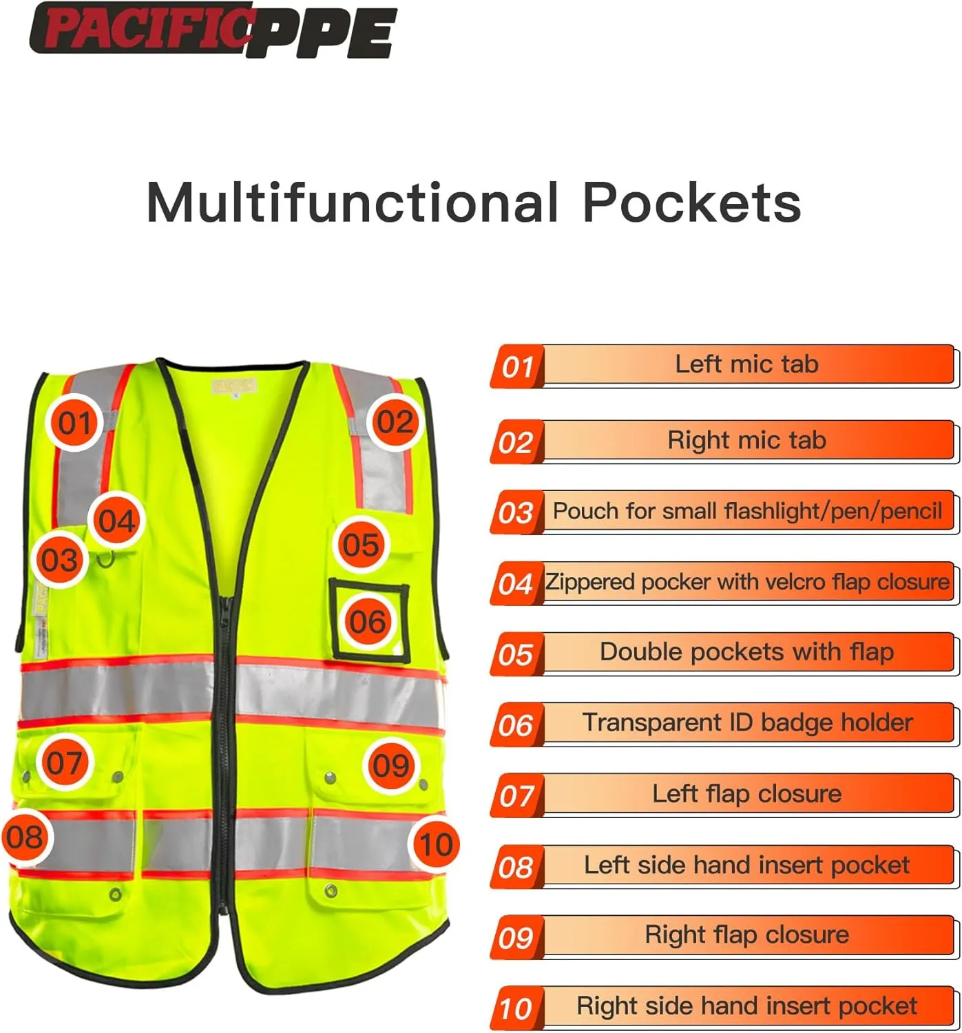 PACIFIC 10 Pockets Safety Vest for Men, 3M High Visibility Reflective Strips with Pockets and Zipper, ANSI Class 2, Yellow, X-Large