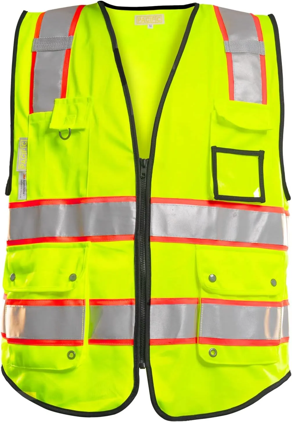 PACIFIC 10 Pockets Safety Vest for Men, 3M High Visibility Reflective Strips with Pockets and Zipper, ANSI Class 2, Yellow, X-Large