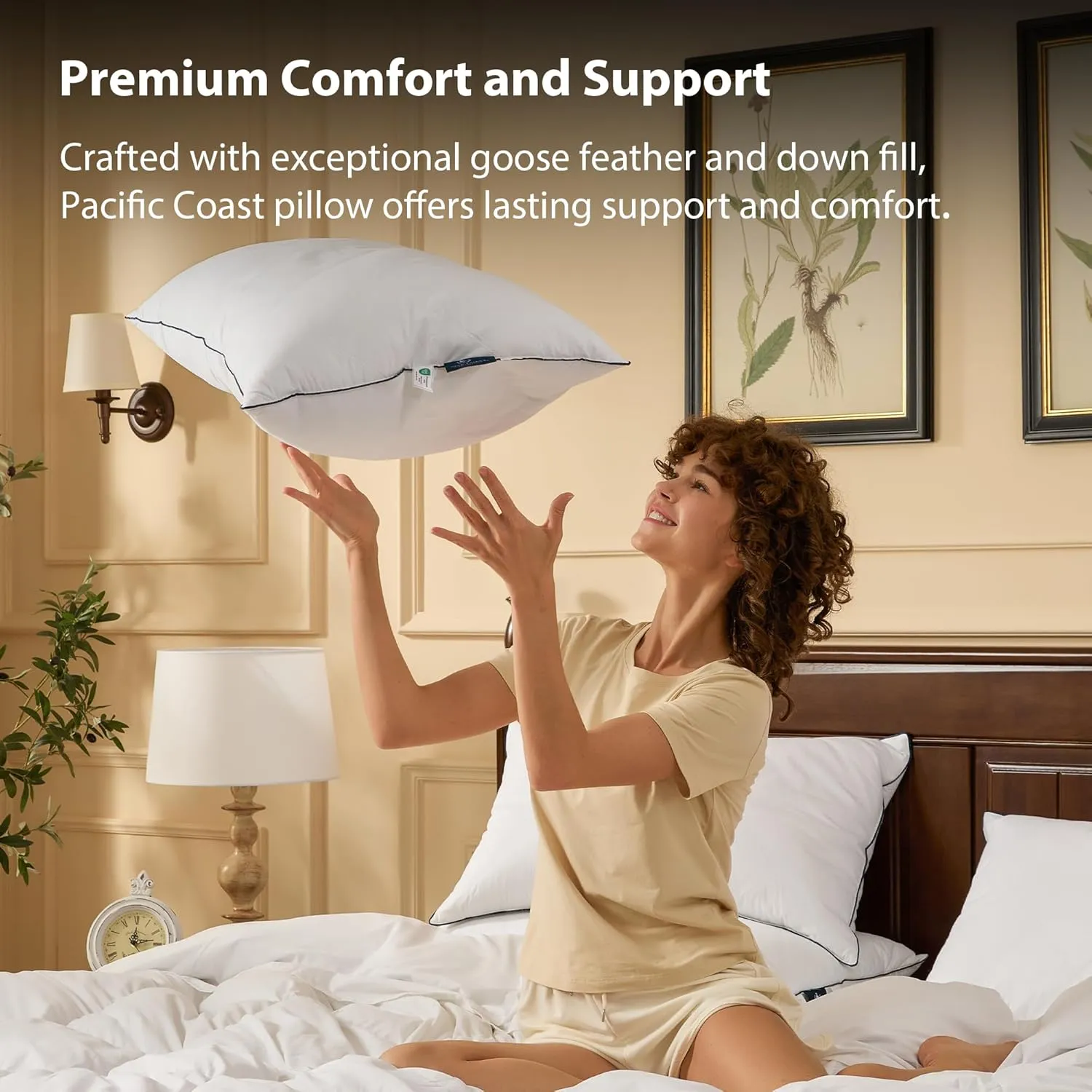 Pacific Coast Pillows Queen Size Set of 2, Goose Feather Down Pillow for Sleeping, Classic Diamond Pattern Hotel Pillow for Side Sleepers and Back Sleepers