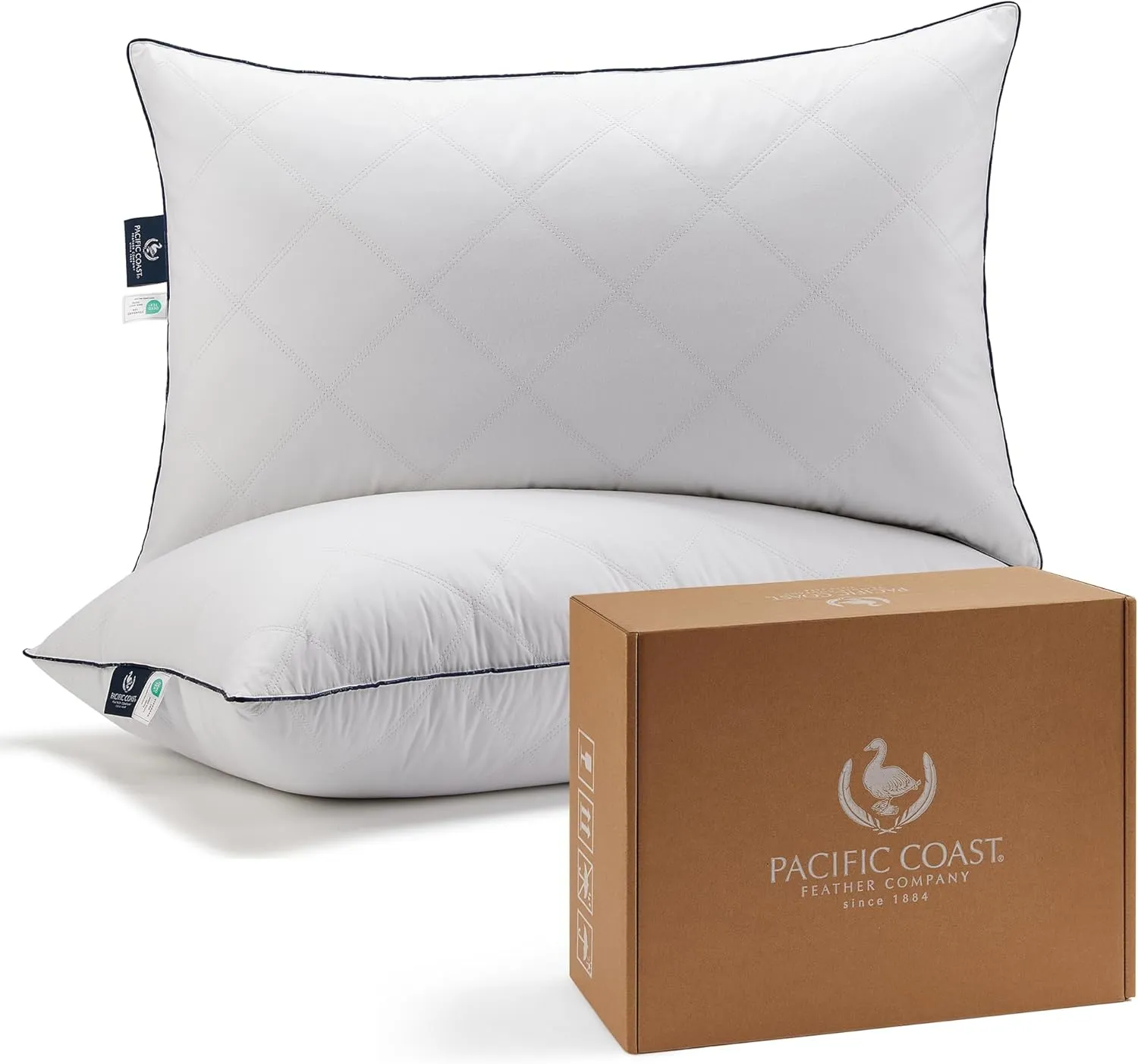 Pacific Coast Pillows Queen Size Set of 2, Goose Feather Down Pillow for Sleeping, Classic Diamond Pattern Hotel Pillow for Side Sleepers and Back Sleepers