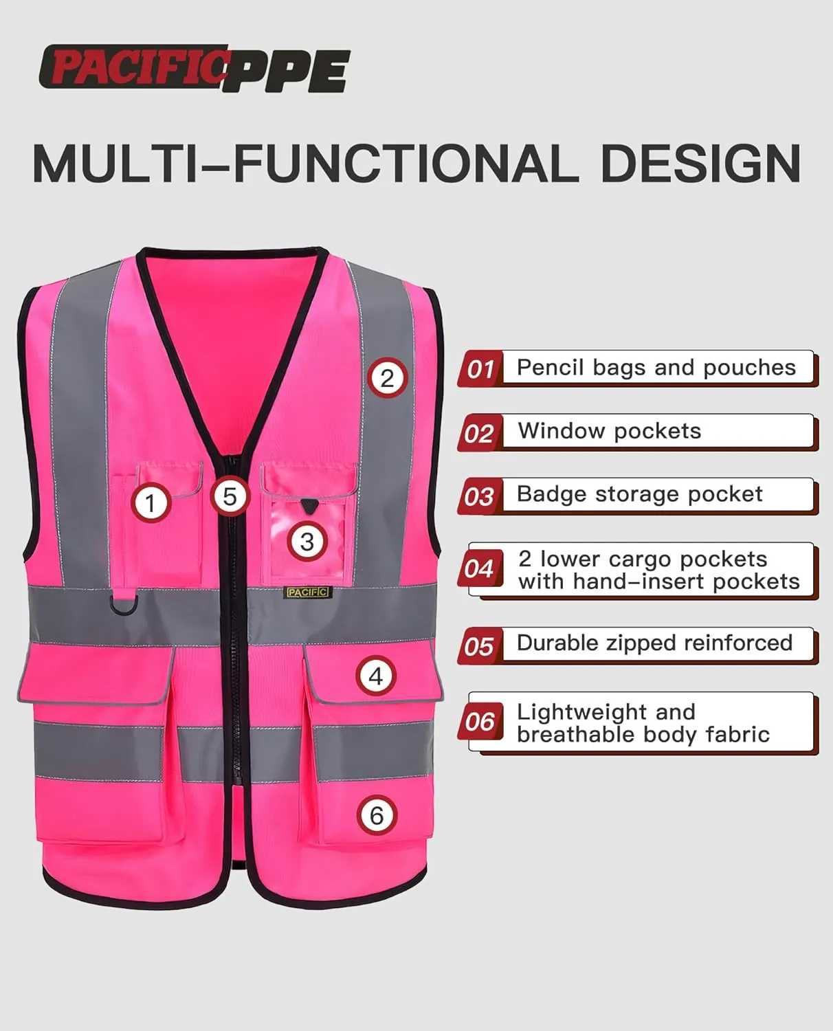 PACIFIC PPE Women's Pink Safety Vest with Pockets and Zipper on the Front,High Visibility Working Safety Vest with Reflective Strips, Multiple Size Available,Medium