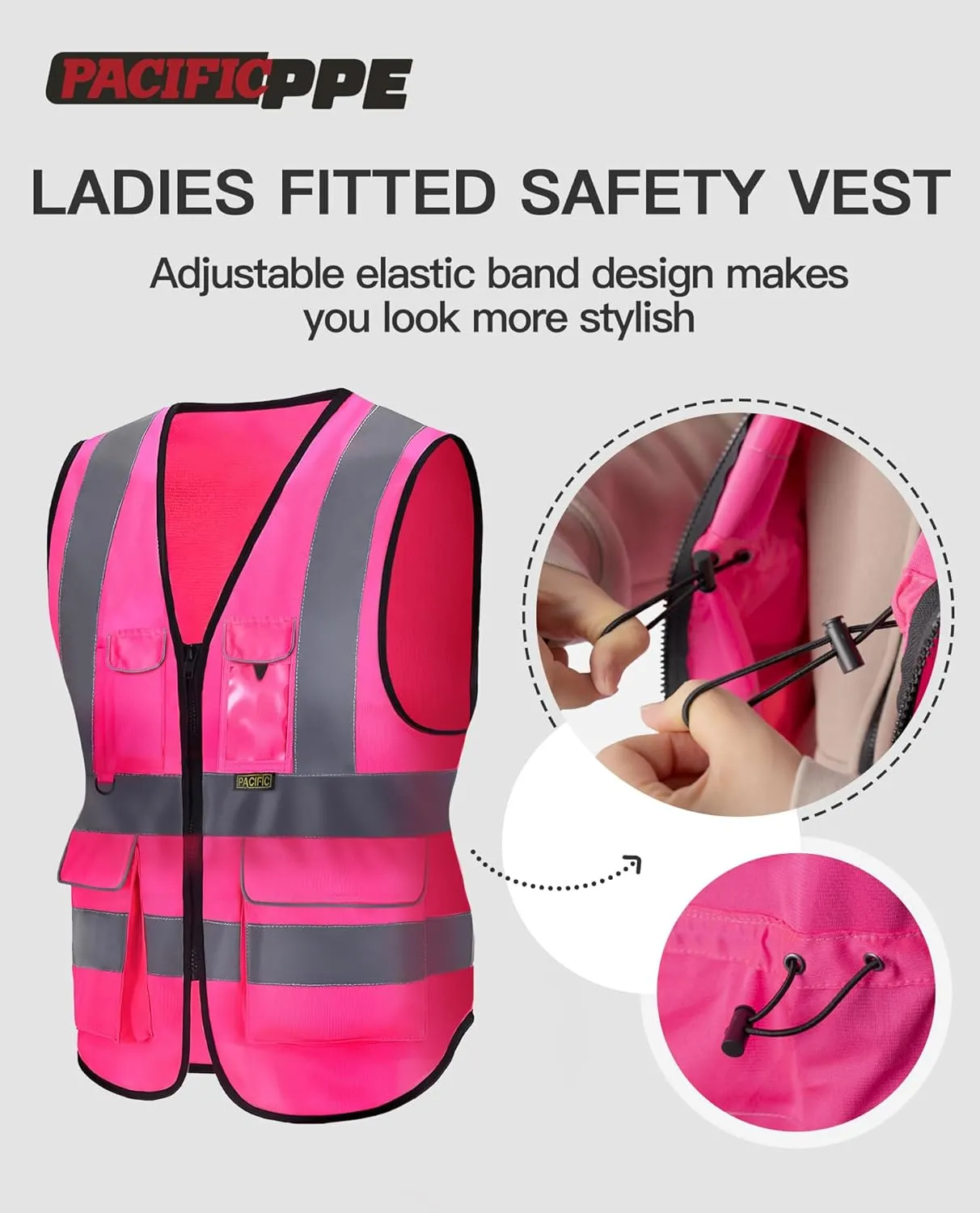 PACIFIC PPE Women's Pink Safety Vest with Pockets and Zipper on the Front,High Visibility Working Safety Vest with Reflective Strips, Multiple Size Available,Medium