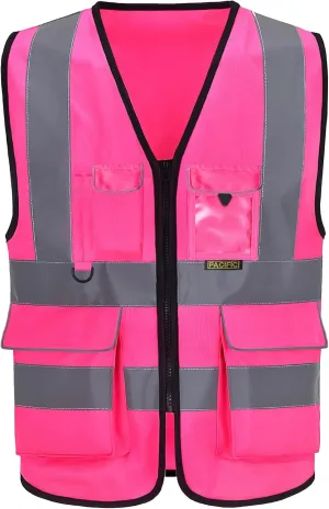 PACIFIC PPE Women's Pink Safety Vest with Pockets and Zipper on the Front,High Visibility Working Safety Vest with Reflective Strips, Multiple Size Available,Medium