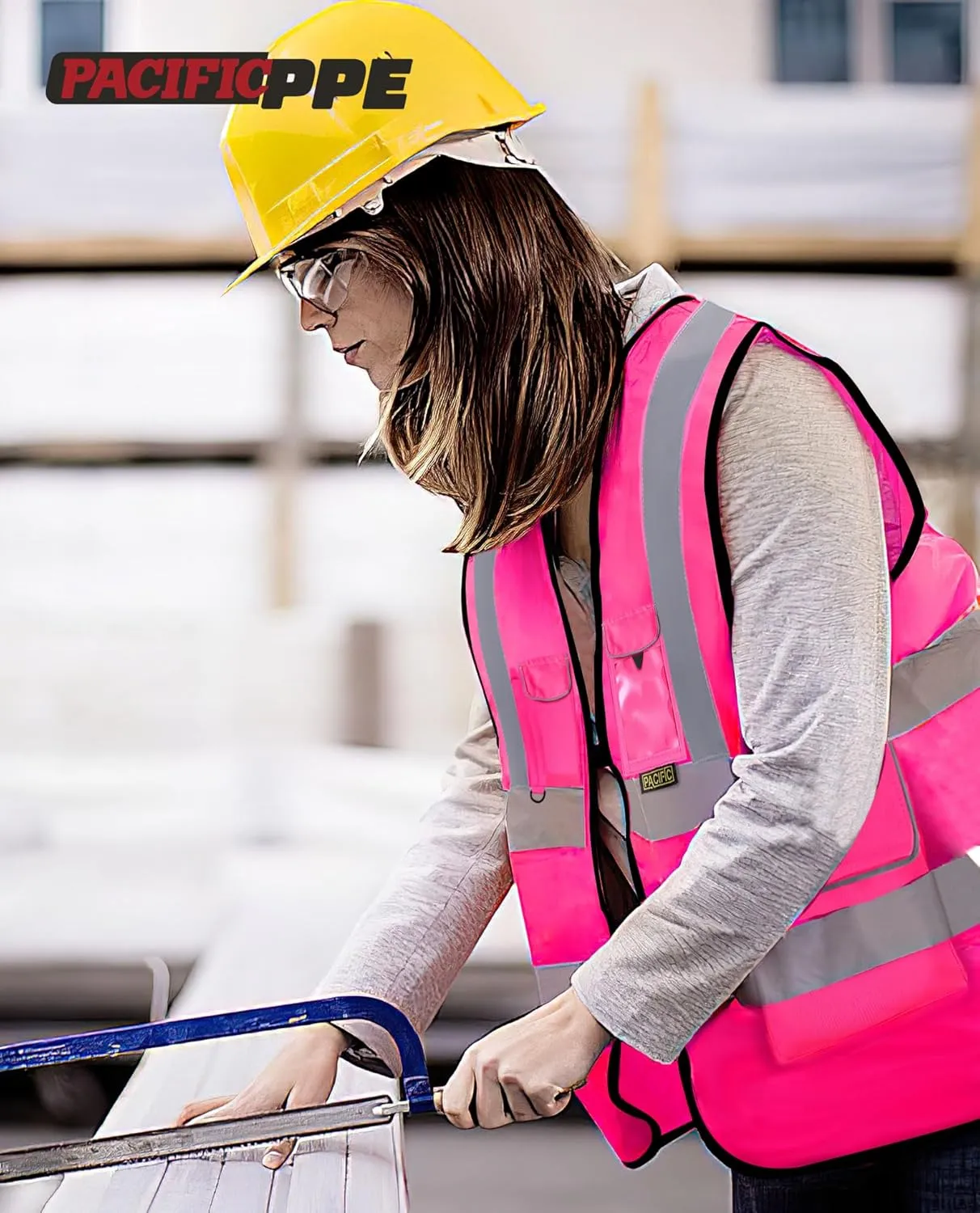 PACIFIC PPE Women's Pink Safety Vest with Pockets and Zipper on the Front,High Visibility Working Safety Vest with Reflective Strips, Multiple Size Available,Medium