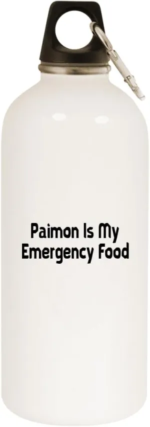 Paimon is My Emergency Food - 20oz Stainless Steel Water Bottle with Carabiner, White