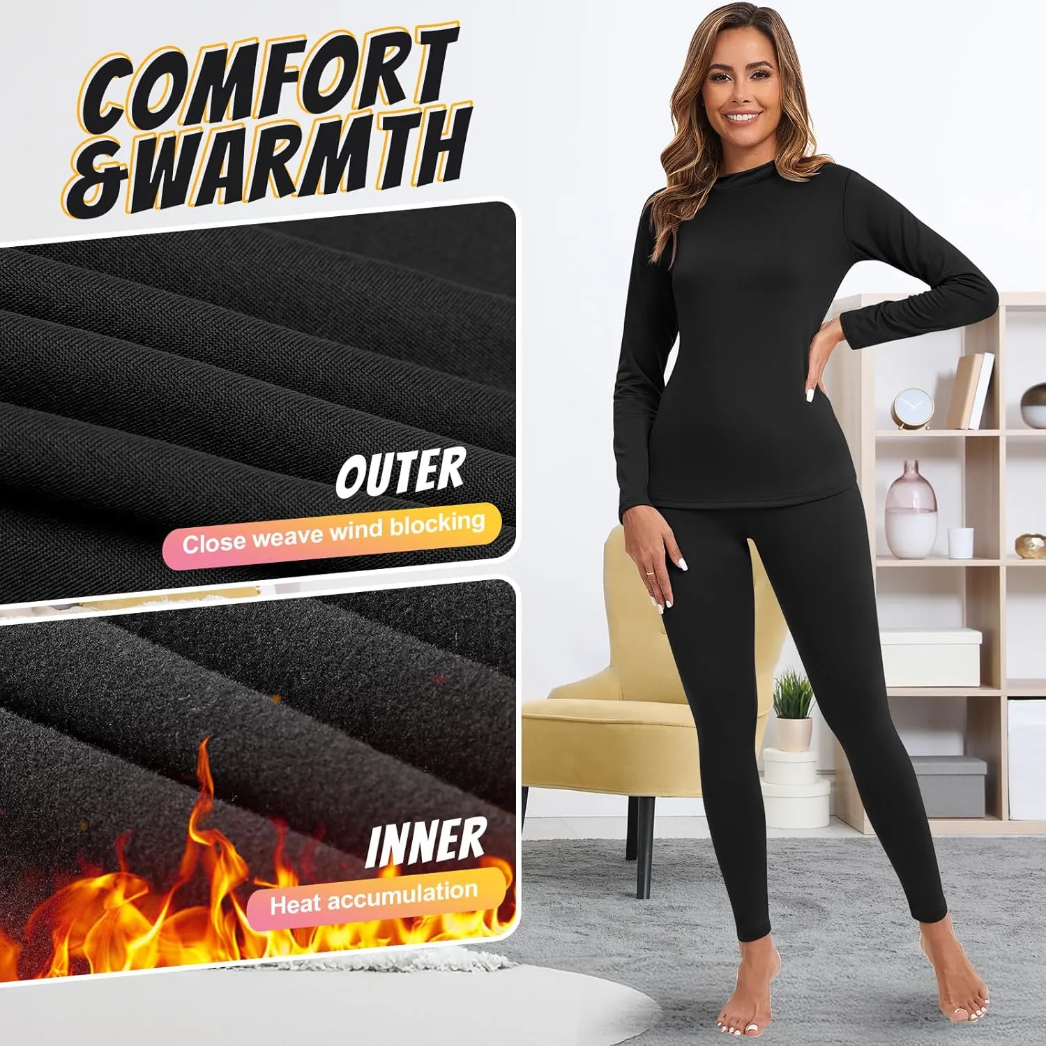 Patelai 2 Sets Thermal Underwear for Women Lightweight Compression Base Layer Set Ultra fit Pajama Set