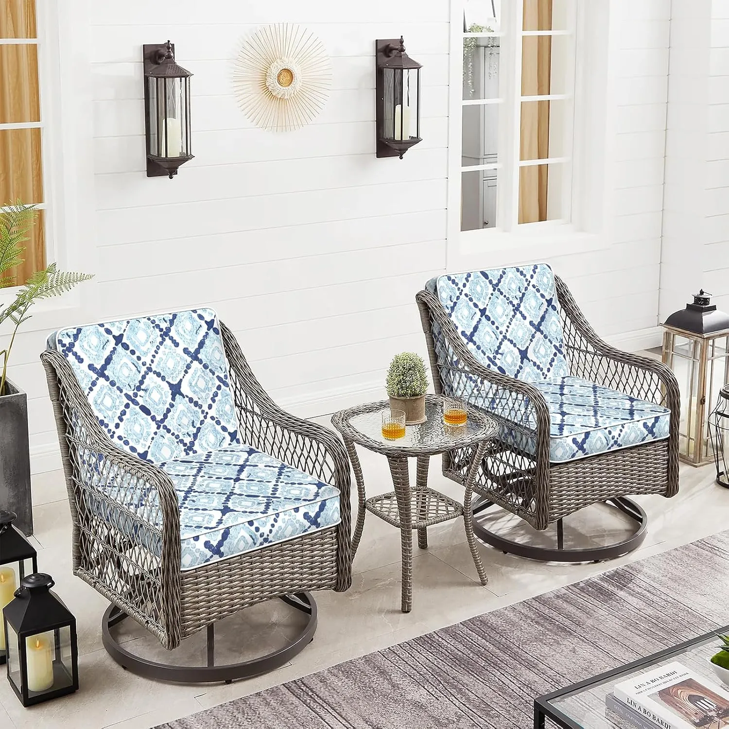 Patio Chair Cushions 19 x 19 x 3 Inch, Outdoor Cushions for Patio Furniture, Water Repellent Outdoor Seat Cushions with Straps Garden Sofa Couch Pads, Set of 2, Boho Geometry Blue