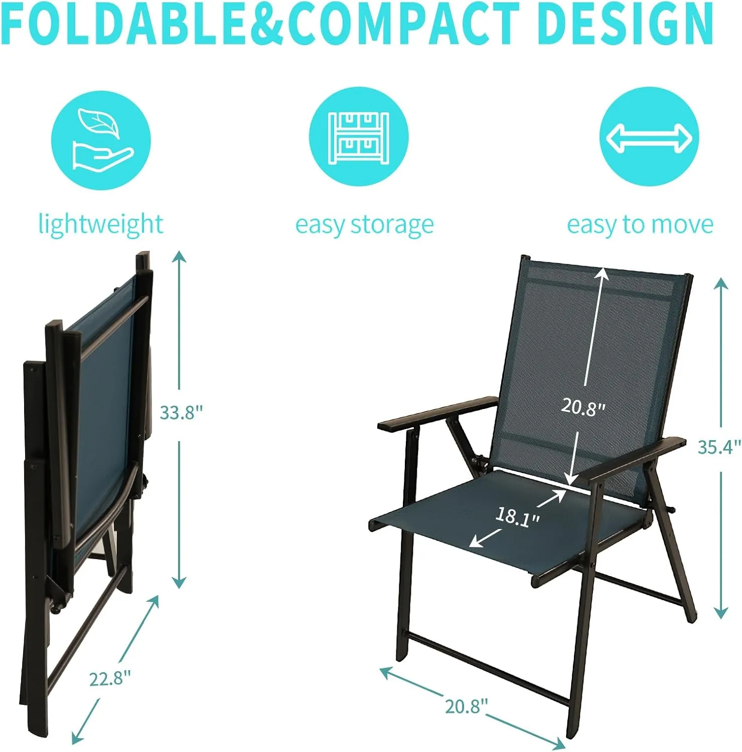 Patio Folding Chairs Set of 4, Outdoor Lawn Chairs with Rustproof Metal Frame, Portable Dining Chairs for Porch, Deck, Garden, Backyard, Camping（Dark Blue）
