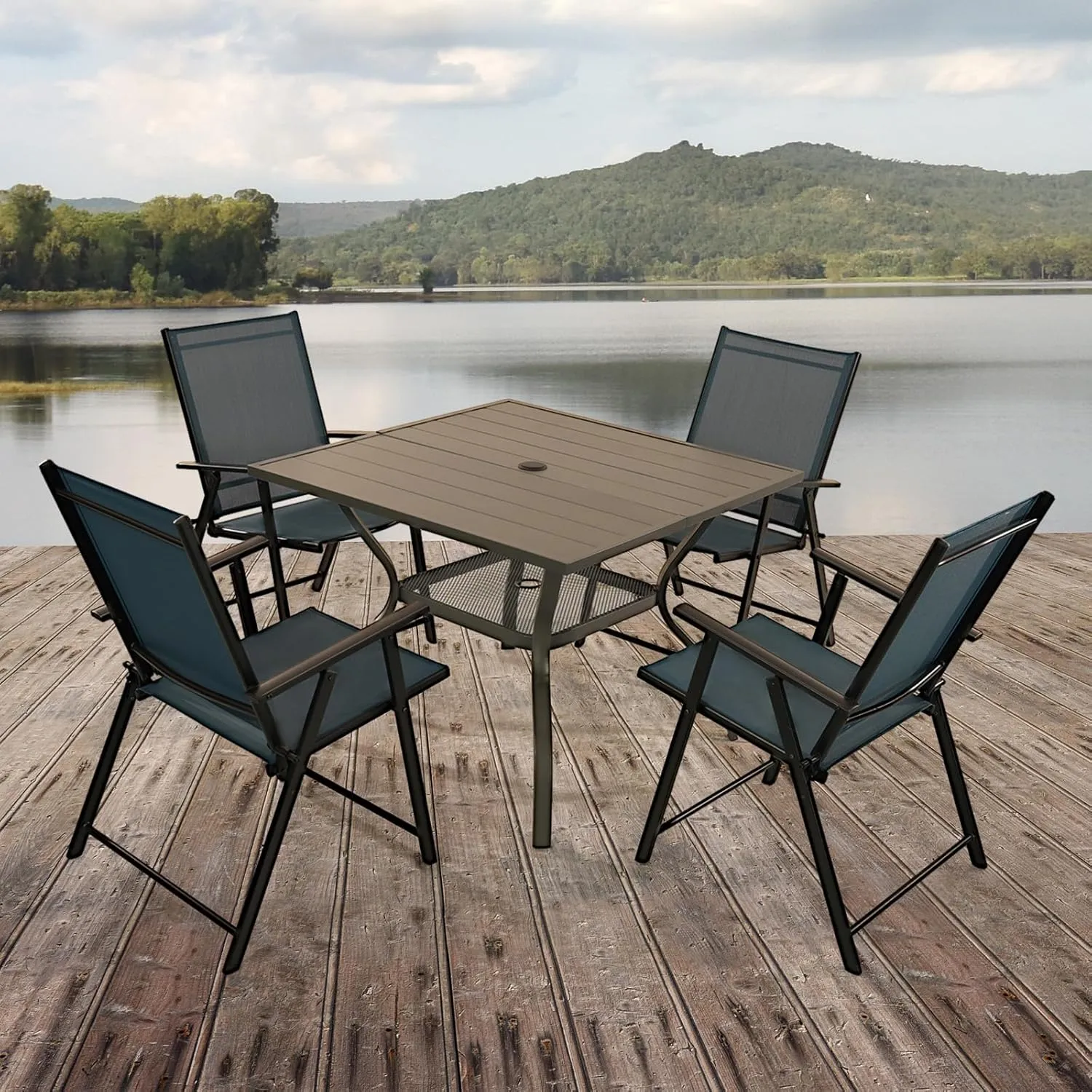 Patio Folding Chairs Set of 4, Outdoor Lawn Chairs with Rustproof Metal Frame, Portable Dining Chairs for Porch, Deck, Garden, Backyard, Camping（Dark Blue）
