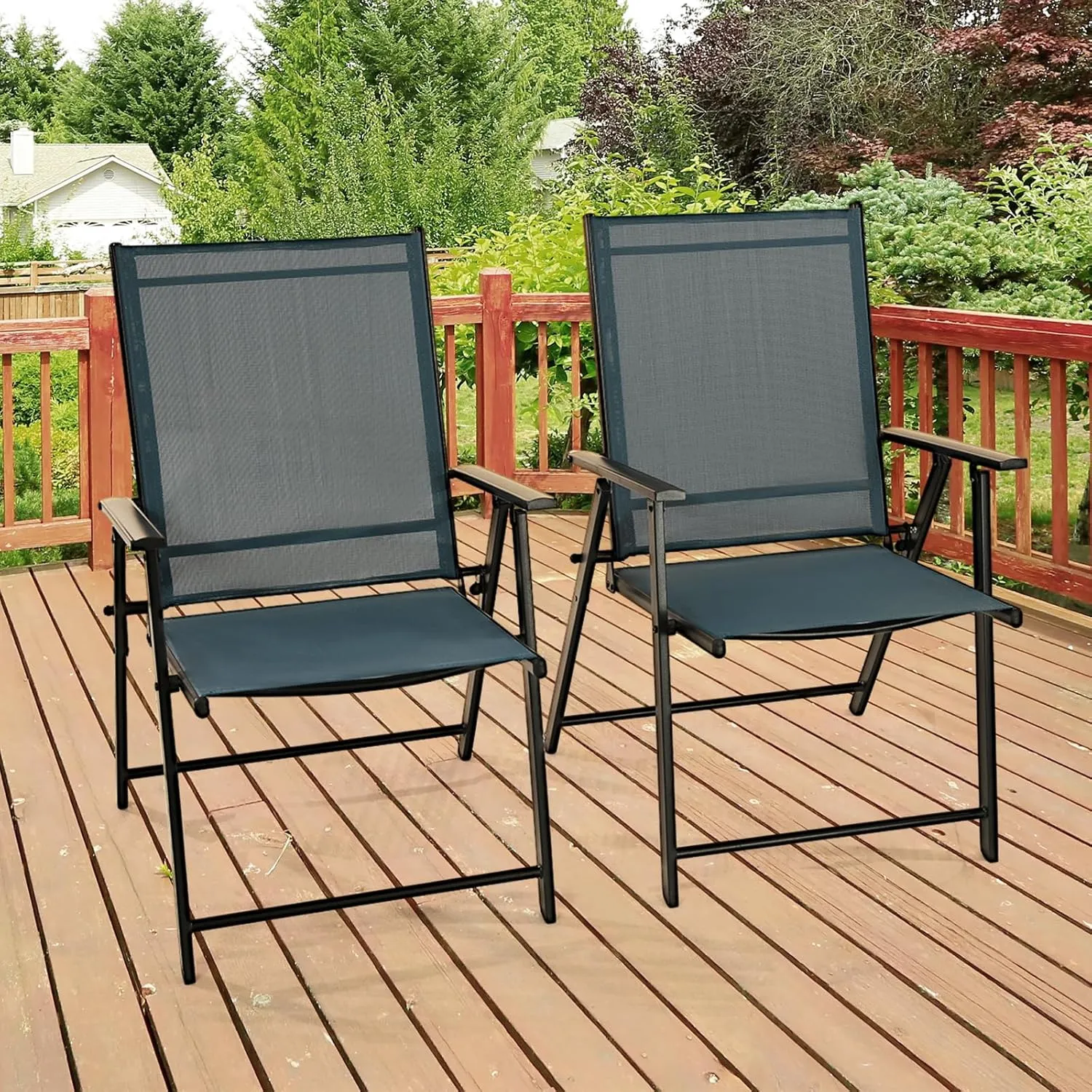 Patio Folding Chairs Set of 4, Outdoor Lawn Chairs with Rustproof Metal Frame, Portable Dining Chairs for Porch, Deck, Garden, Backyard, Camping（Dark Blue）