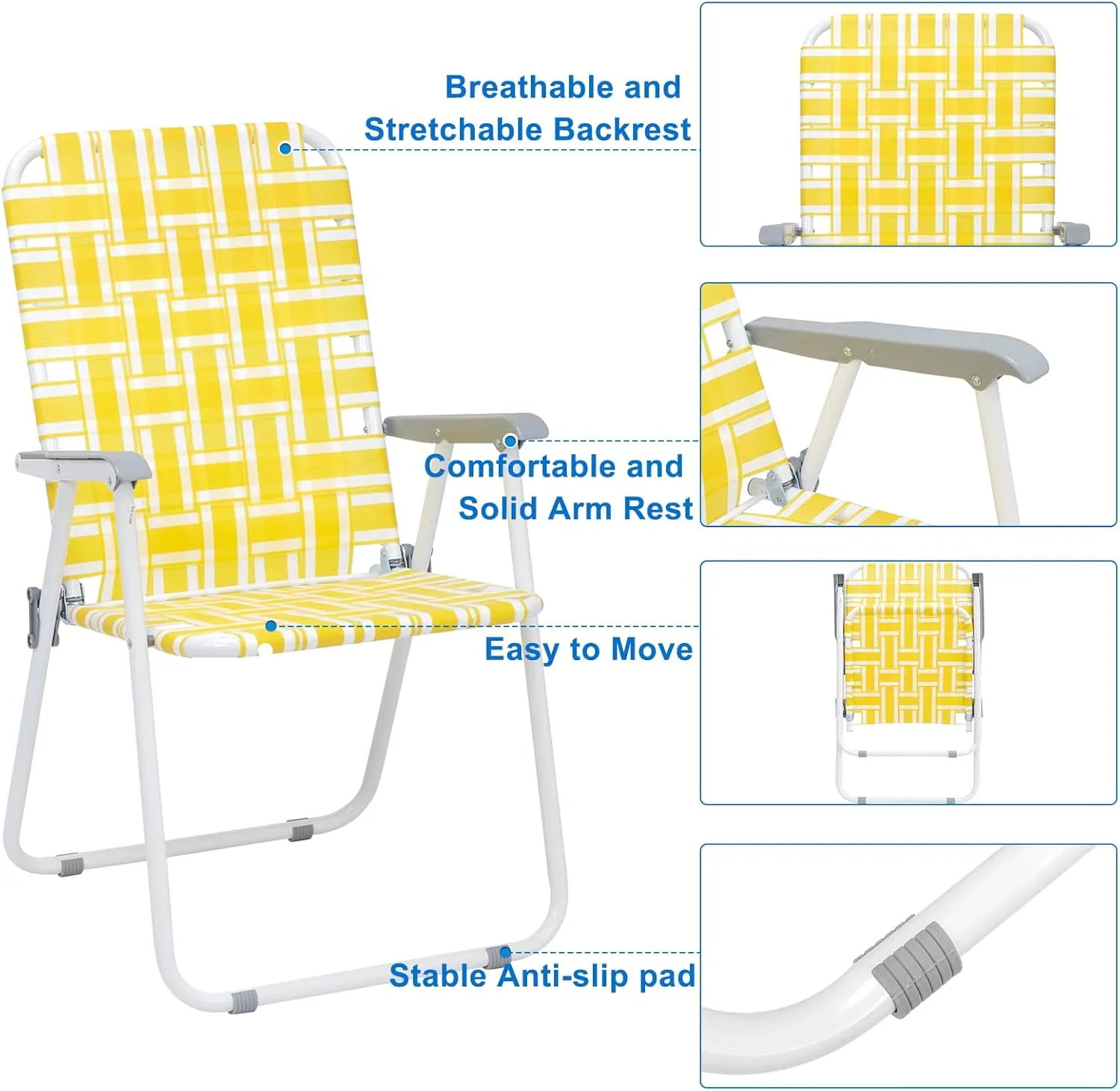 Patio Lawn Chairs Folding Set of 2, Webbed Folding Camping Chair Outdoor Beach Chair Portable Camping Chair Patio Pool Beach Lawn Chair for Yard, Garden,Indoor/Outdoor (Yellow)